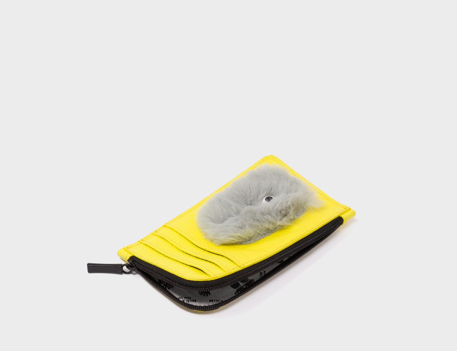 Fausto Celadine Yellow Leather Zip-around Cardholder - Fuzzy Monster Applique - Open