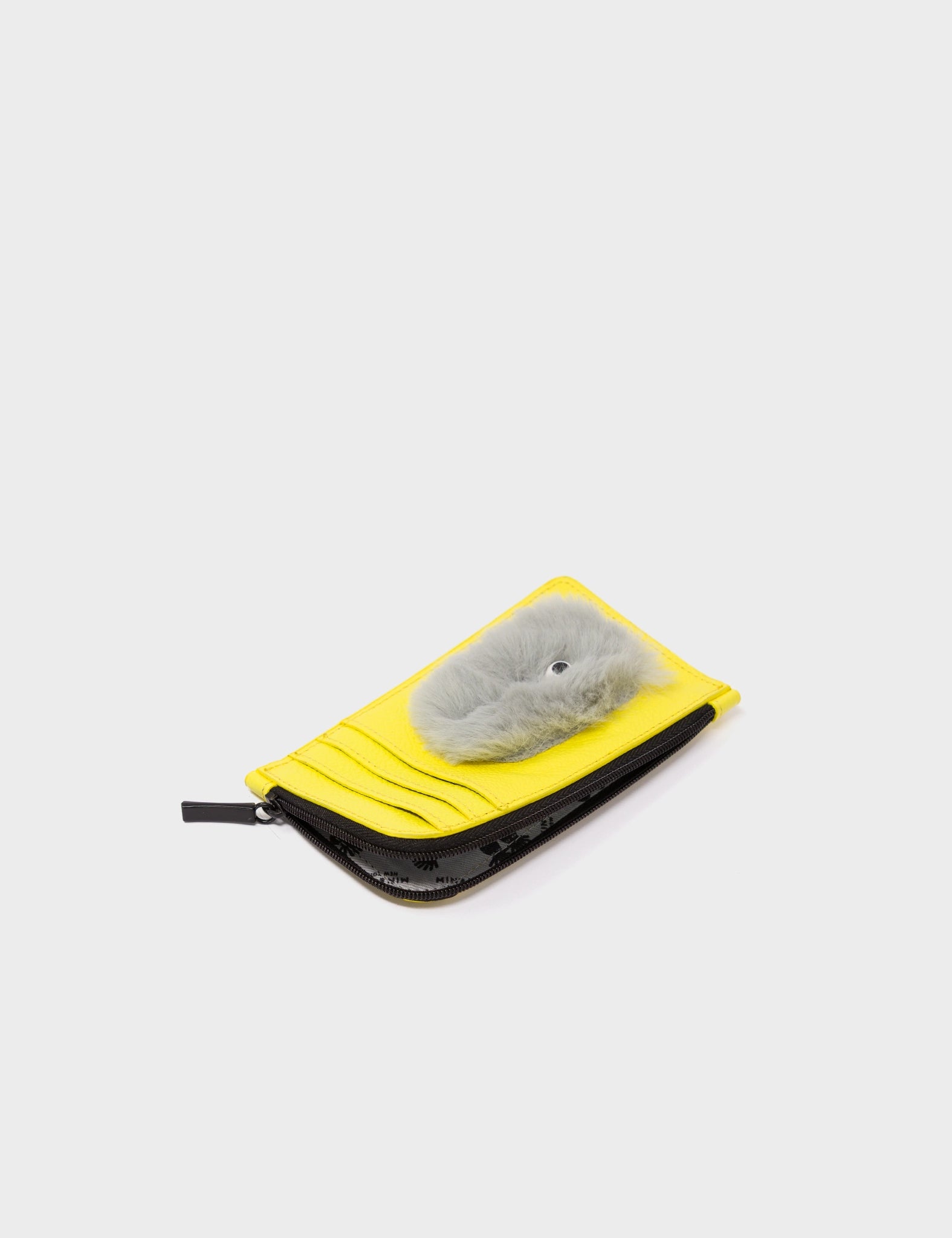 Fausto Celadine Yellow Leather Zip-around Cardholder - Fuzzy Monster Applique - Open