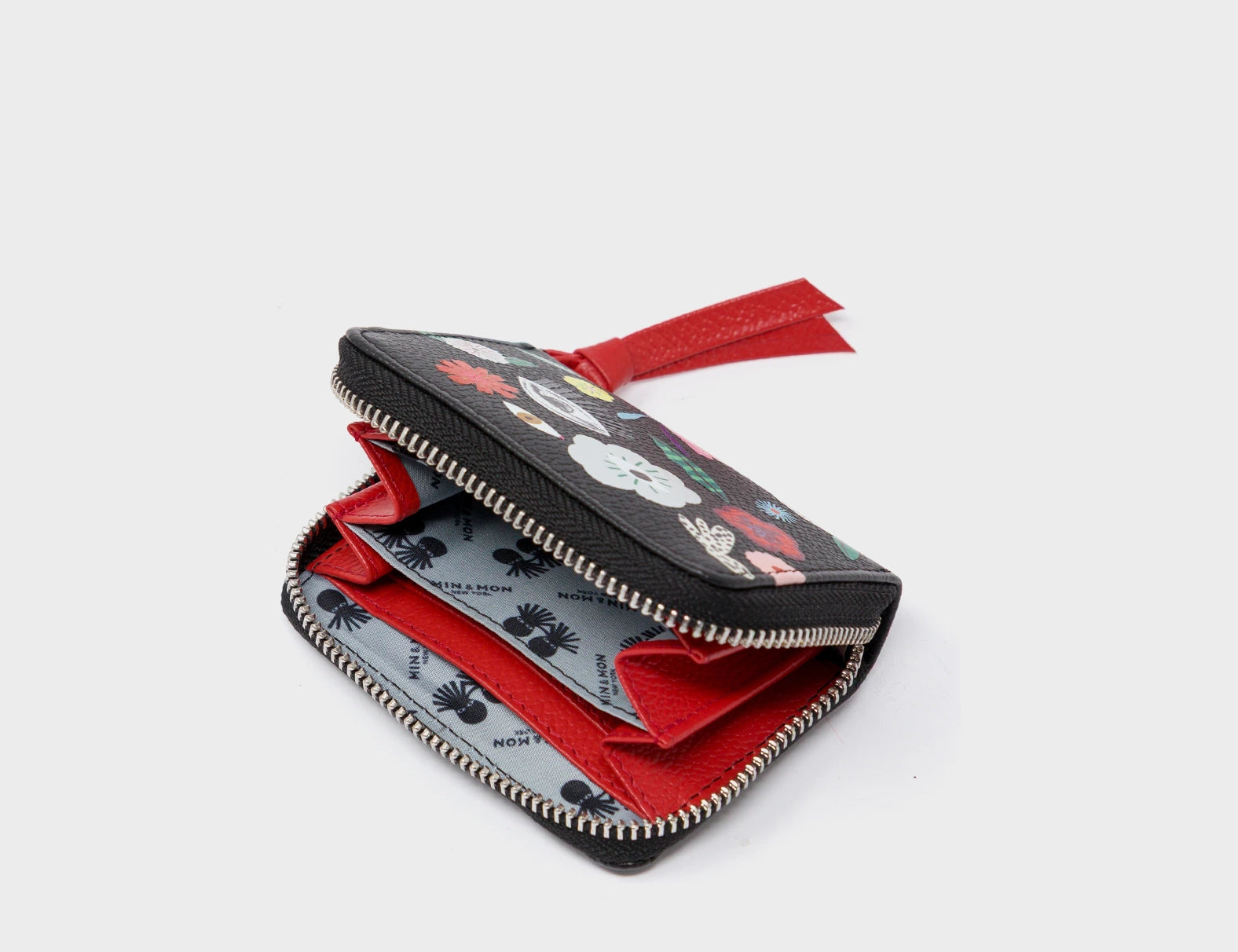 Frodo Black Leather Zip Around Wallet - Floralia Print - Open