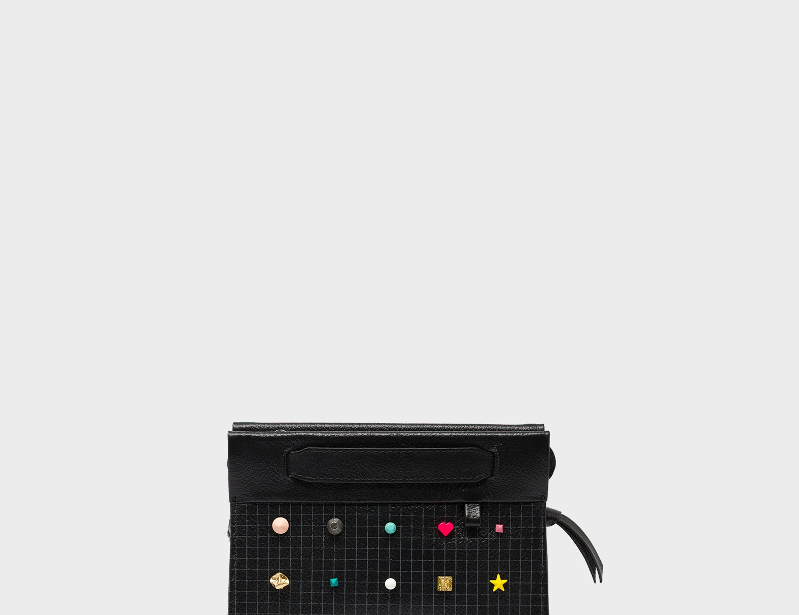 Vali Crossbody Micro Black Leather Bag - Studs Adjustable Handle - Front