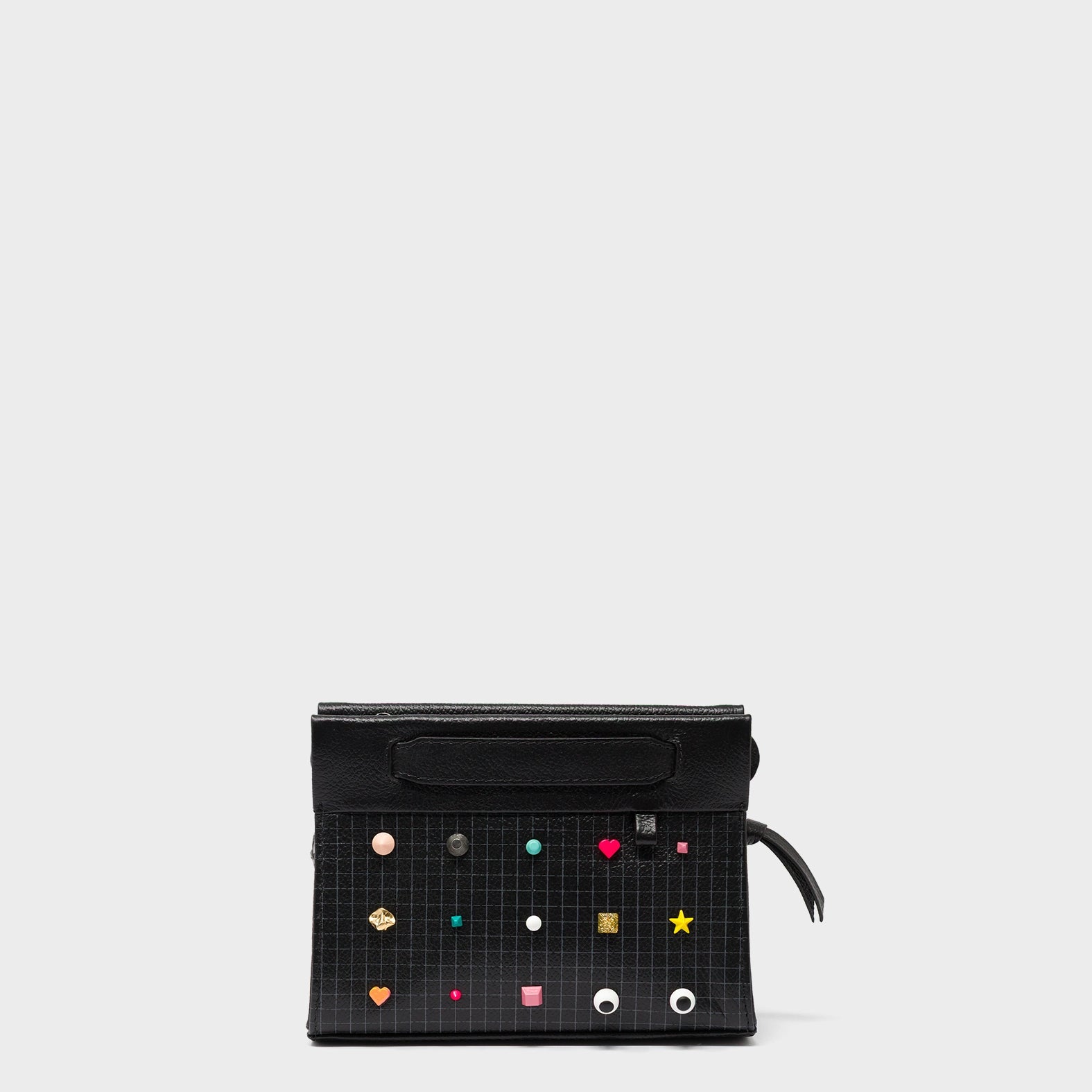 Vali Crossbody Micro Black Leather Bag - Studs Adjustable Handle - Front