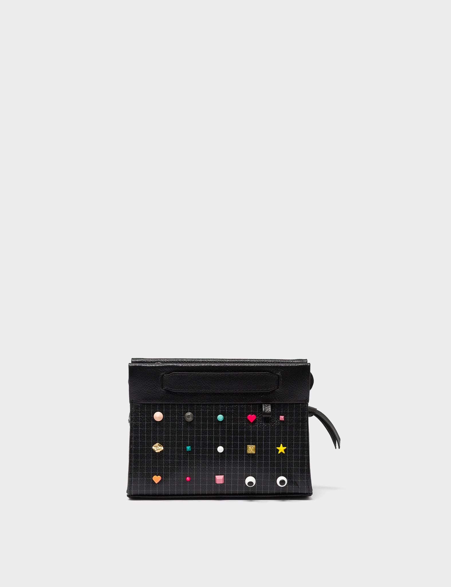 Vali Crossbody Micro Black Leather Bag - Studs Adjustable Handle - Front