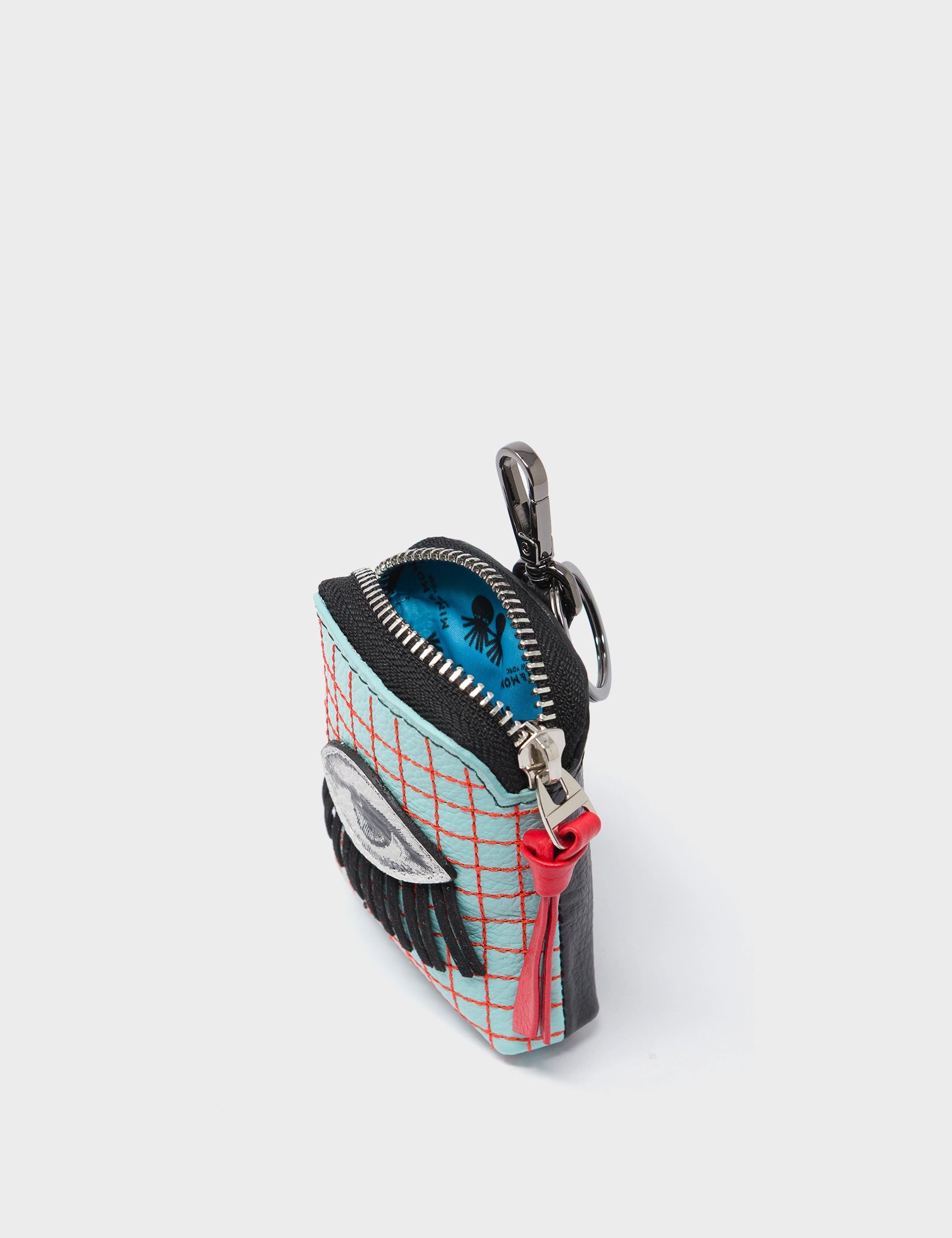 Florence Pouch Charm - Eggshell Blue Leather Keychain Eye Applique - Open