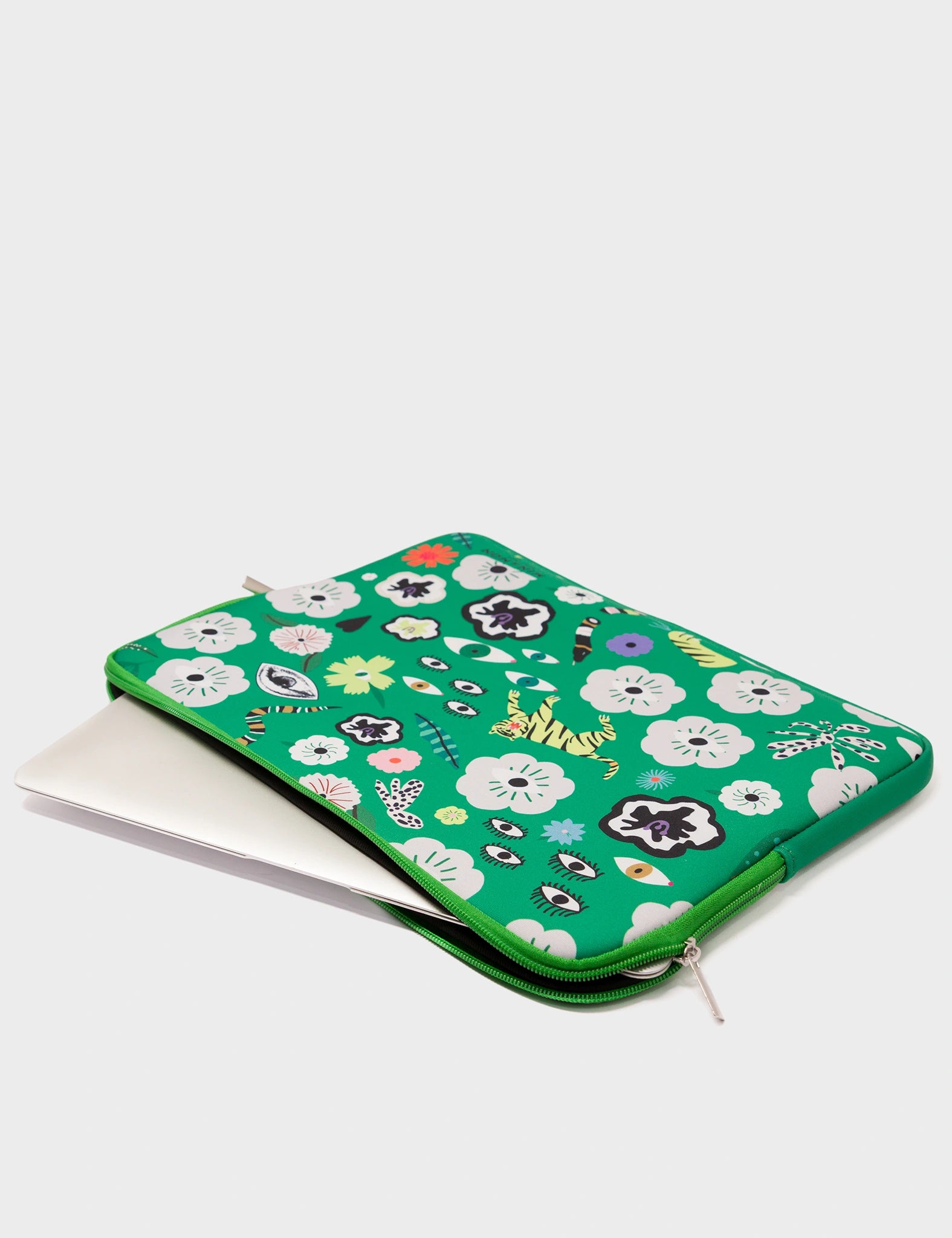 Medium Green Neoprene Laptop Cover - Floralia Design - Open