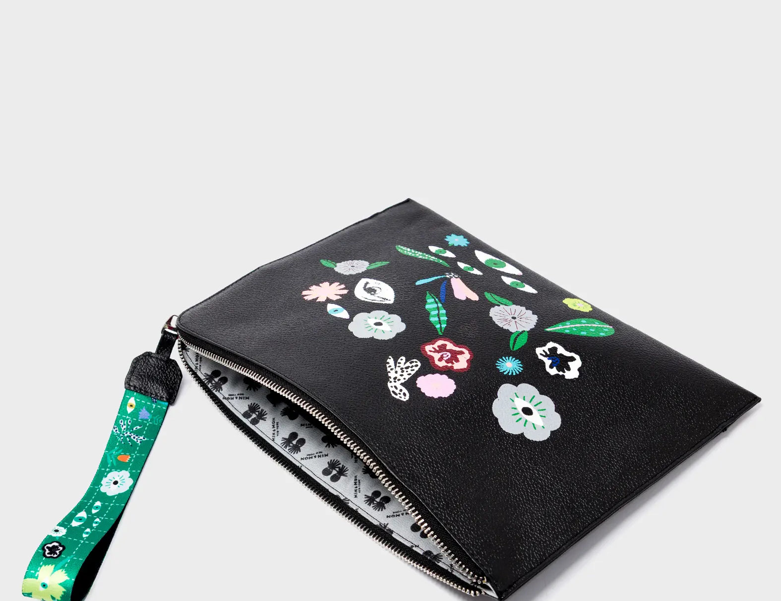 Fidelio Black Leather Pouch - Floralia Print - Open