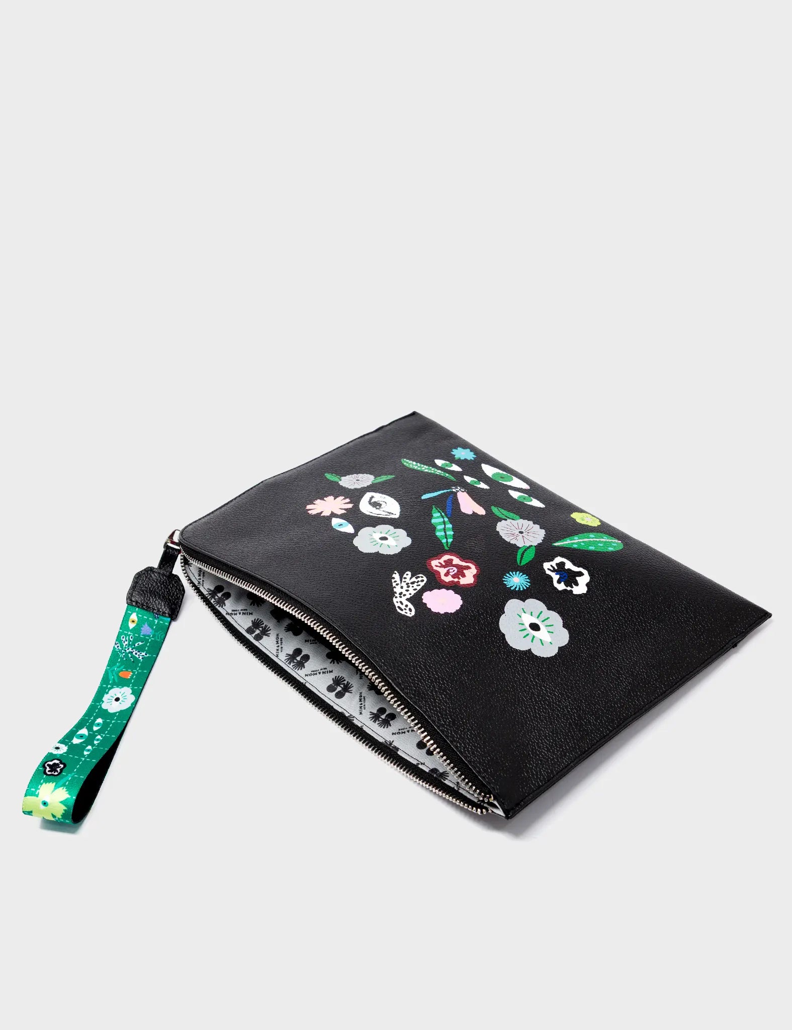 Fidelio Black Leather Pouch - Floralia Print - Open
