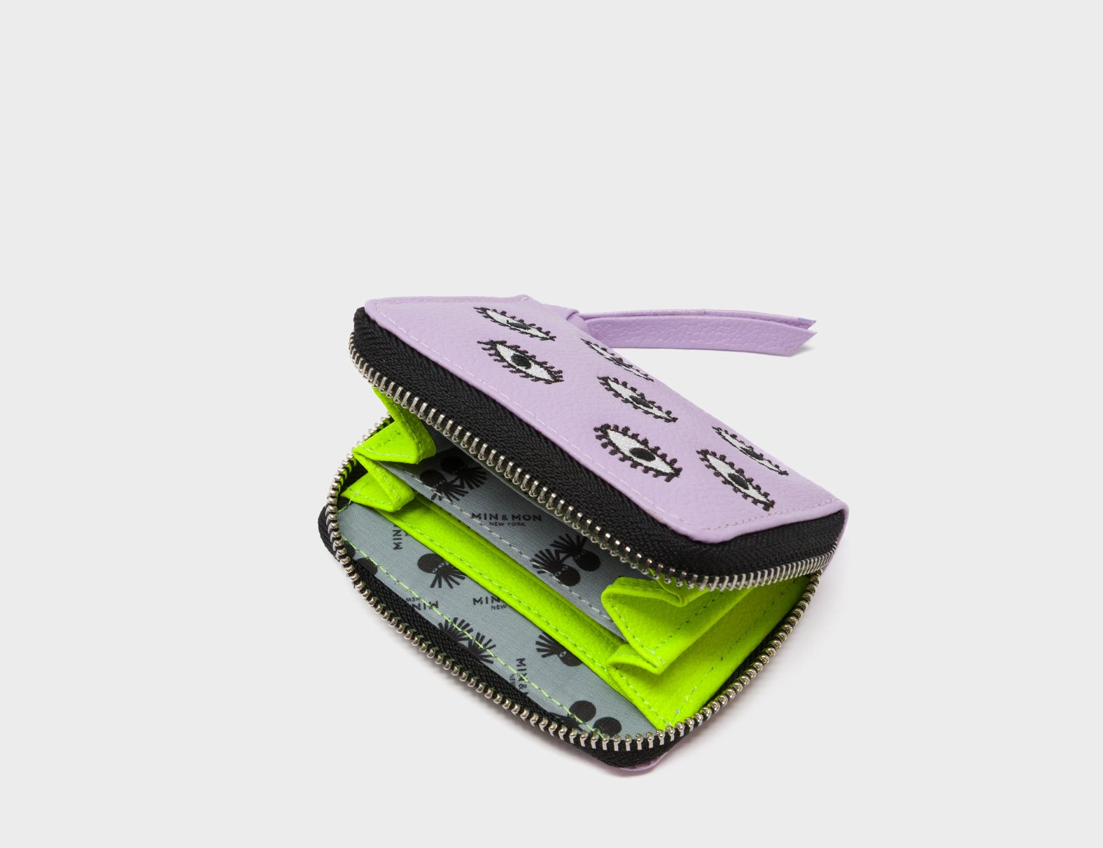Frodo Lavender Leather Zip Around Wallet - All Over Eyes Embroidery - open
