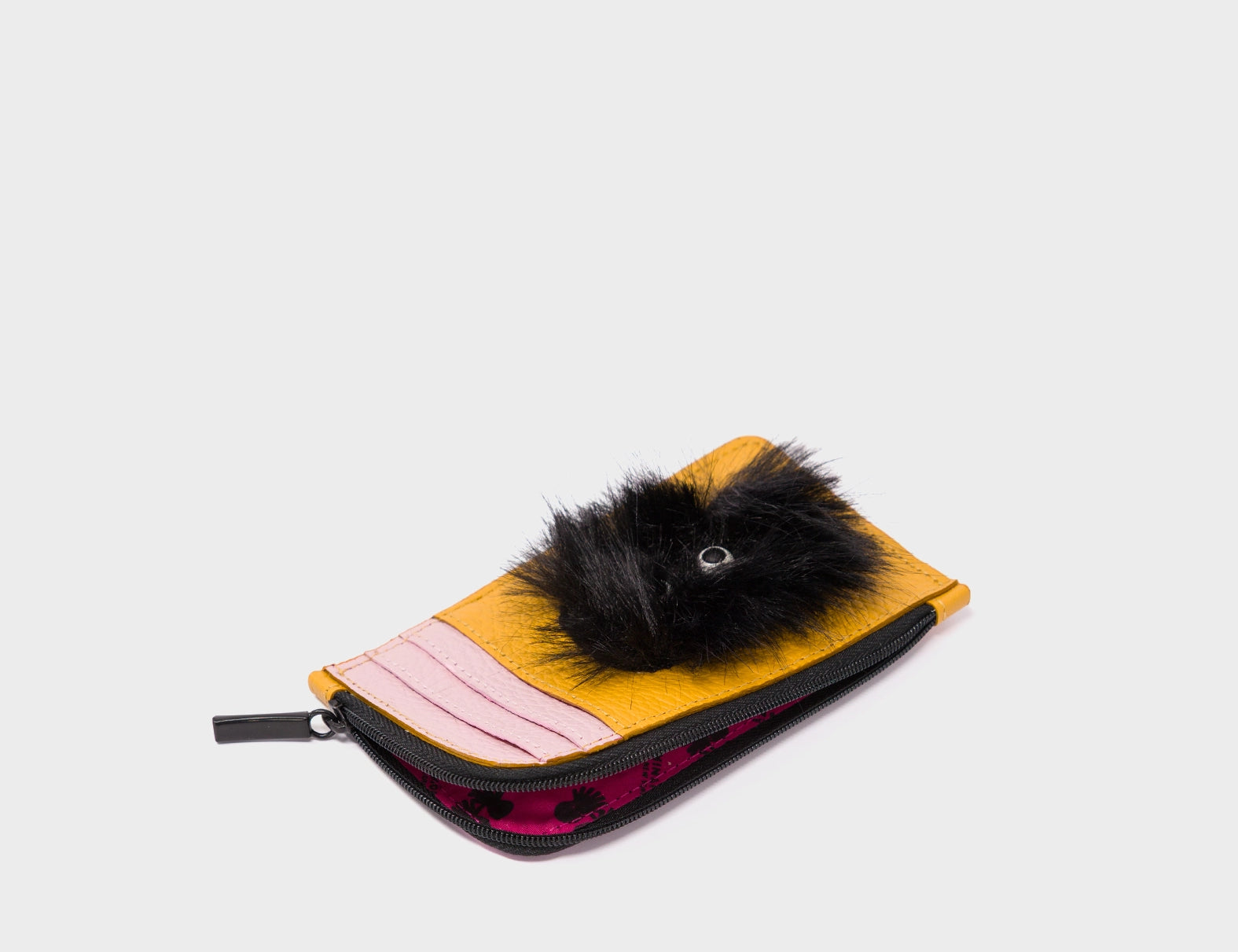 Fausto Golden Glow Leather Zip-around Cardholder - Fuzzy Monster Applique - Open