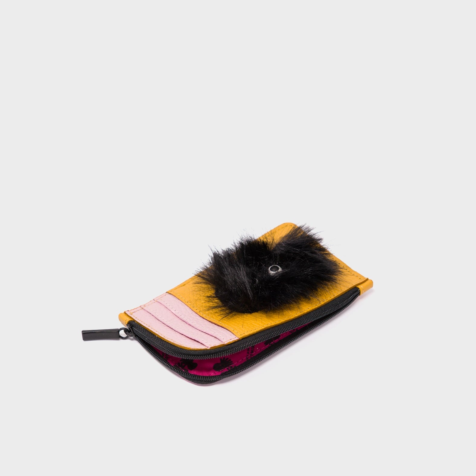 Fausto Golden Glow Leather Zip-around Cardholder - Fuzzy Monster Applique - Open