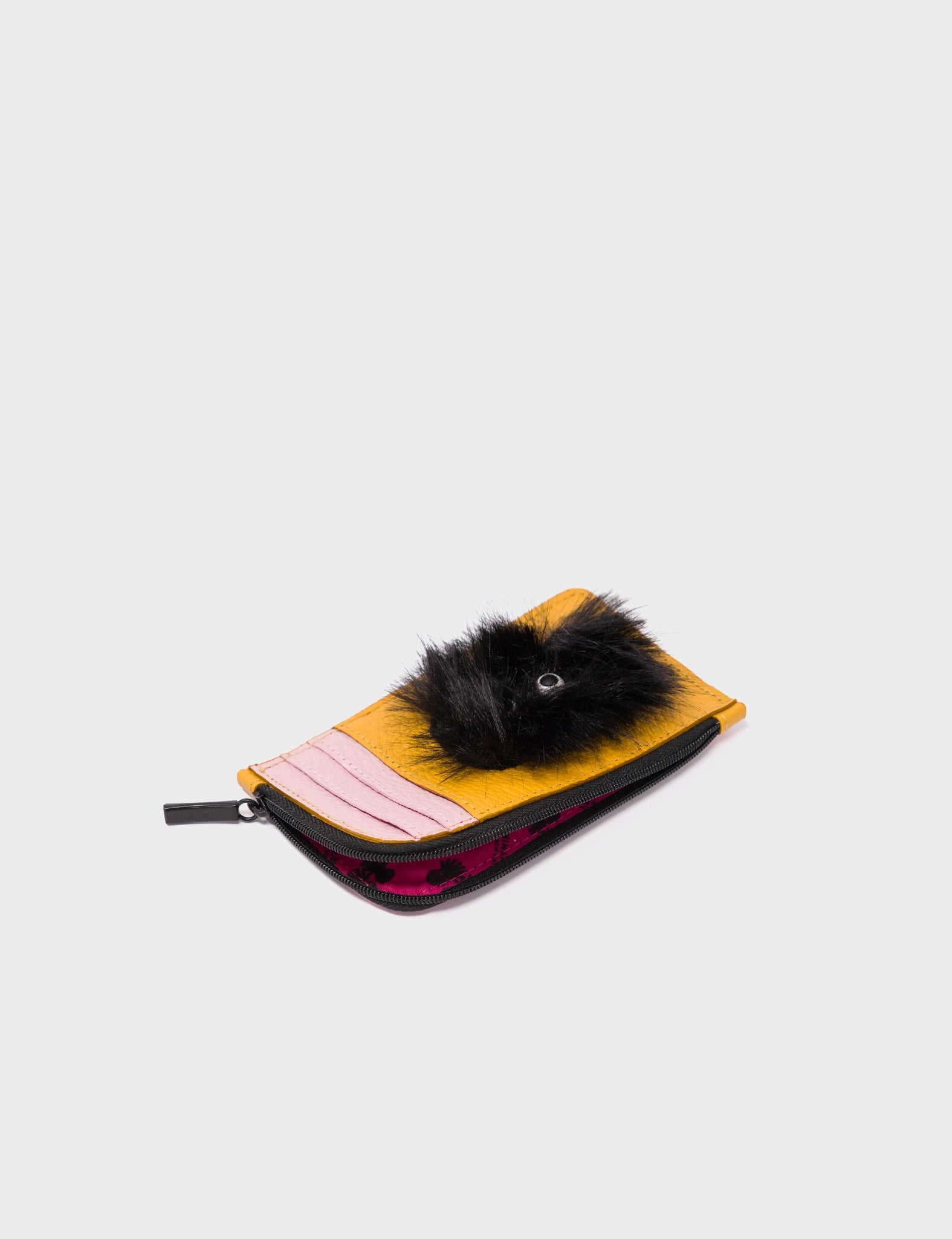 Fausto Golden Glow Leather Zip-around Cardholder - Fuzzy Monster Applique - Open