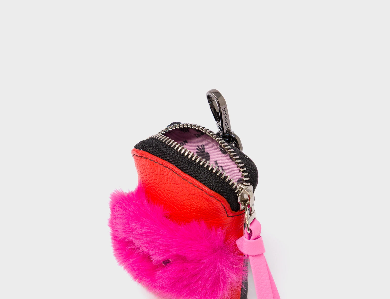 Florence Pouch Charm - Fiesta Red Leather Keychain Fuzzy Monster Applique  - Open