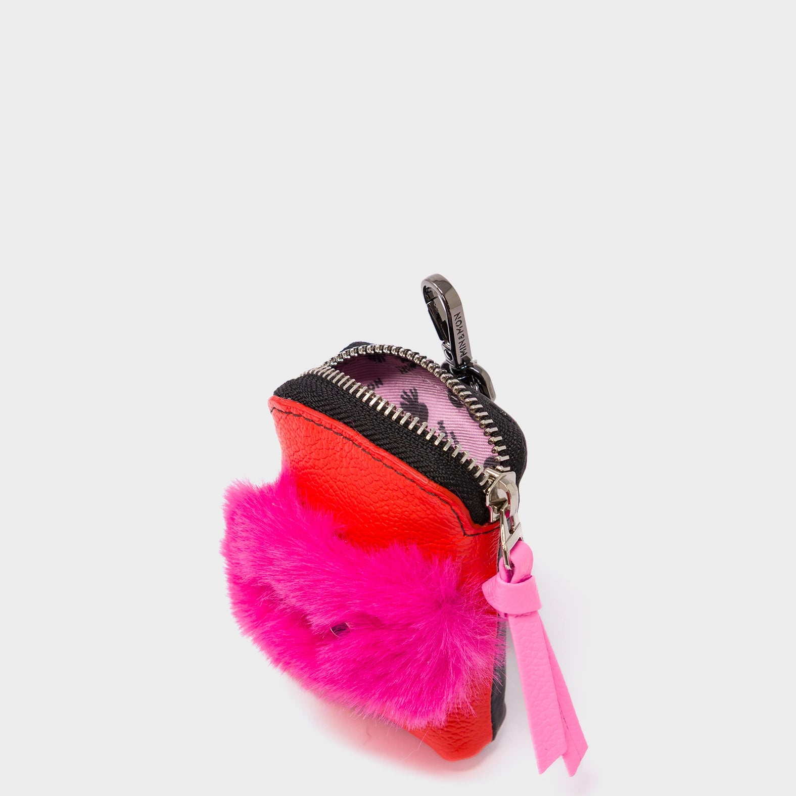 Florence Pouch Charm - Fiesta Red Leather Keychain Fuzzy Monster Applique  - Open