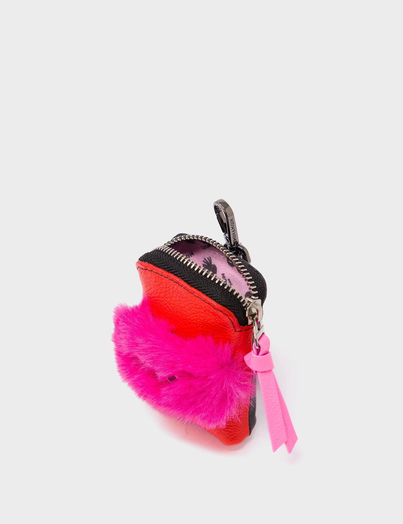 Florence Pouch Charm - Fiesta Red Leather Keychain Fuzzy Monster Applique  - Open