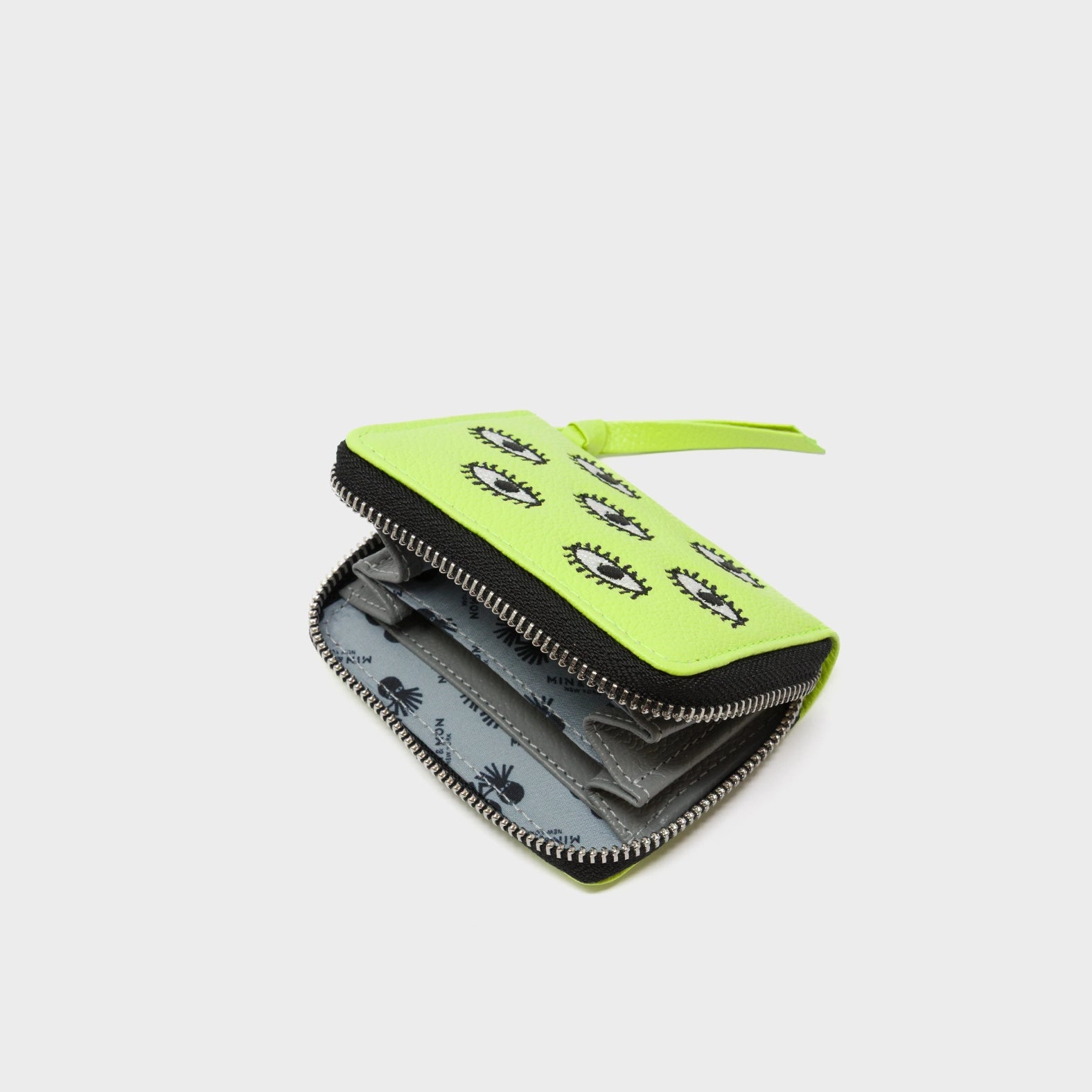 Frodo Sharp Green Leather Zip Around Wallet - All Over Eyes Embroidery - Open