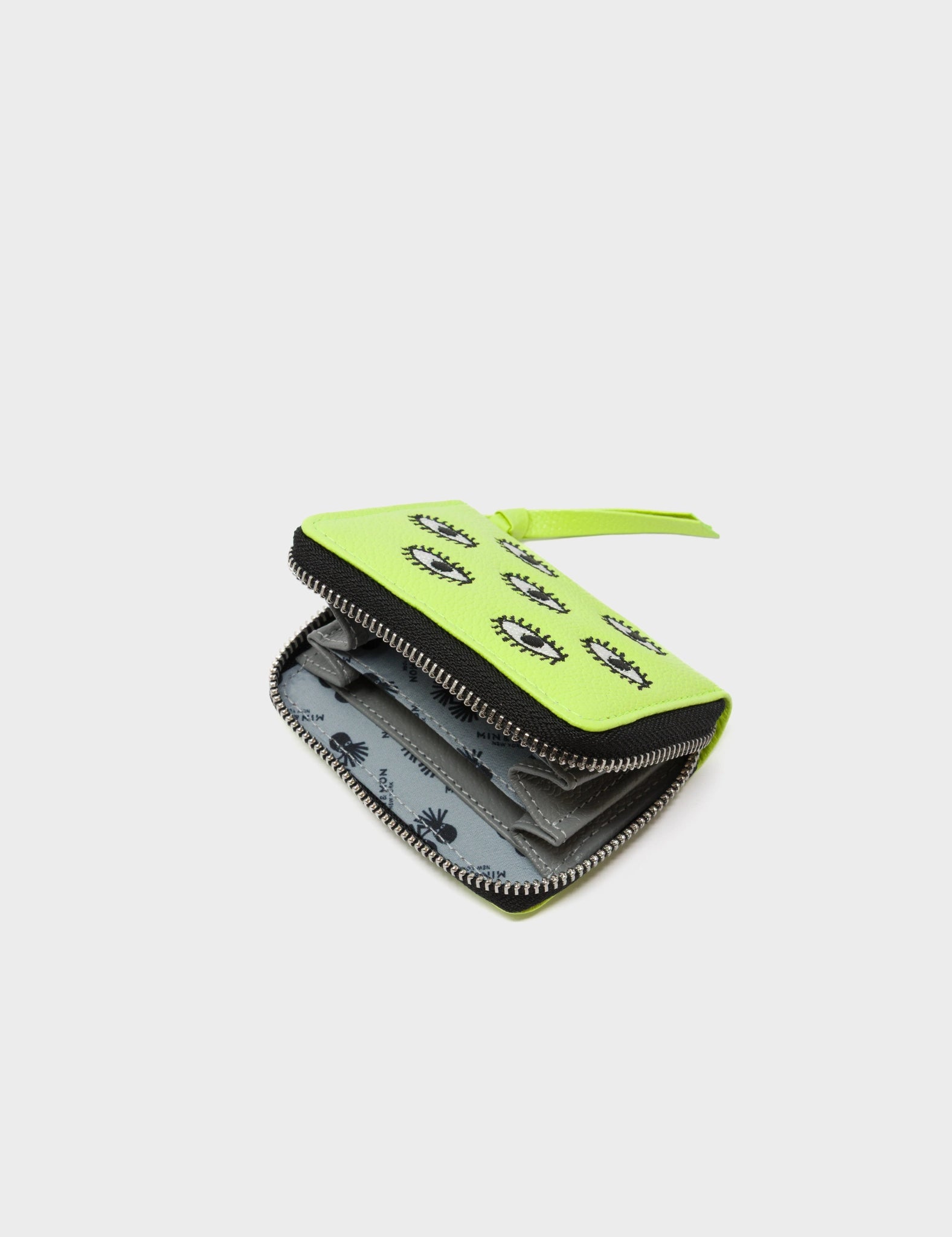 Frodo Sharp Green Leather Zip Around Wallet - All Over Eyes Embroidery - Open