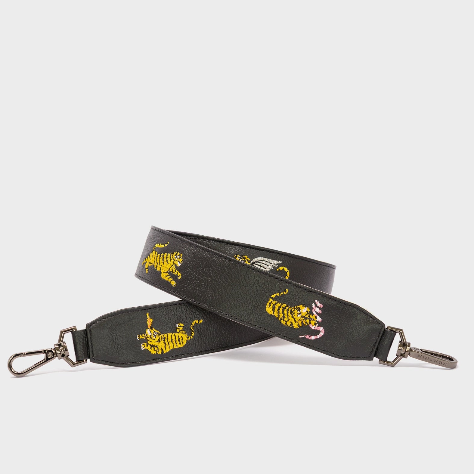 Detachable Black Leather Shoulder Strap - Retrotiger Embroidery  - Main