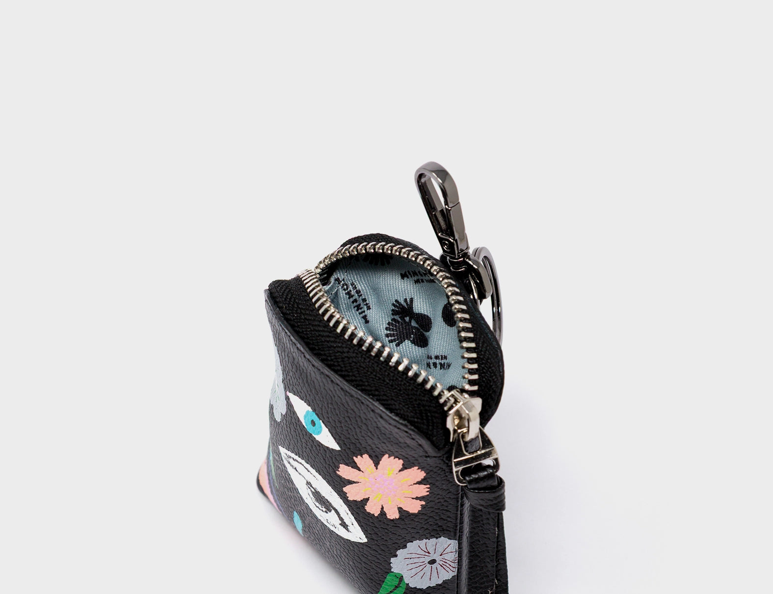 Florence Pouch Charm - Black Leather Keychain Floralia Print - Open