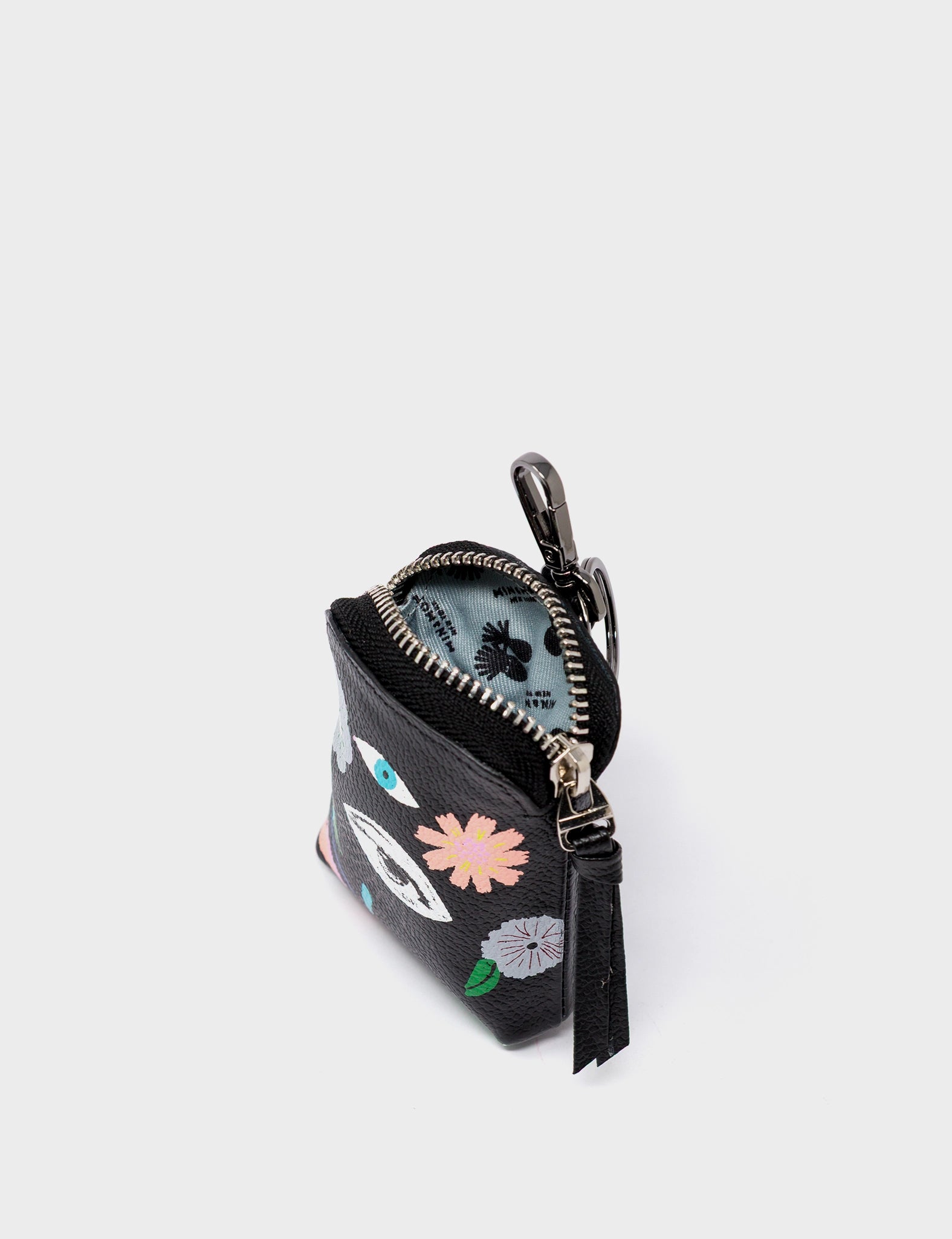 Florence Pouch Charm - Black Leather Keychain Floralia Print - Open