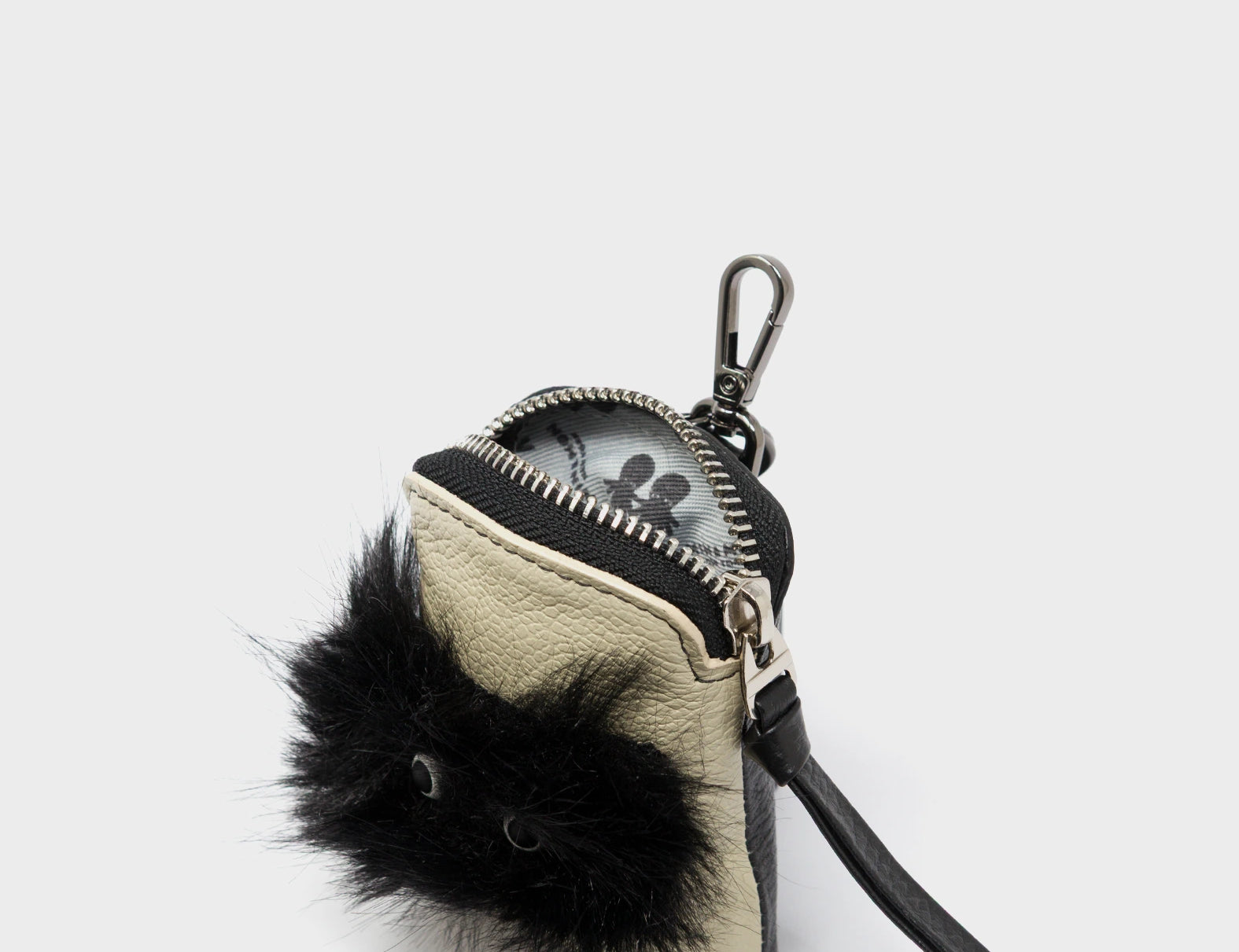 Florence Pouch Charm - Gravel Beige Leather Keychain Fuzzy Monster Applique - Open