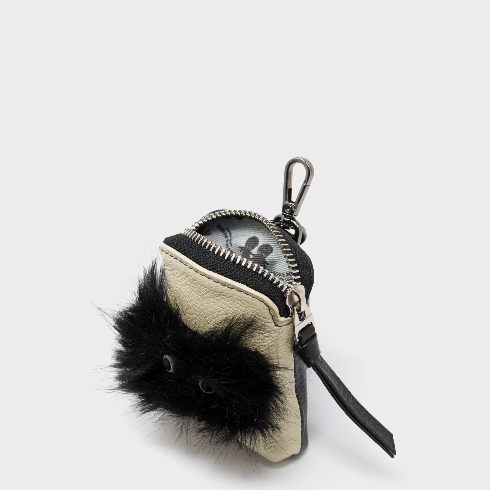 Florence Pouch Charm - Gravel Beige Leather Keychain Fuzzy Monster Applique - Open