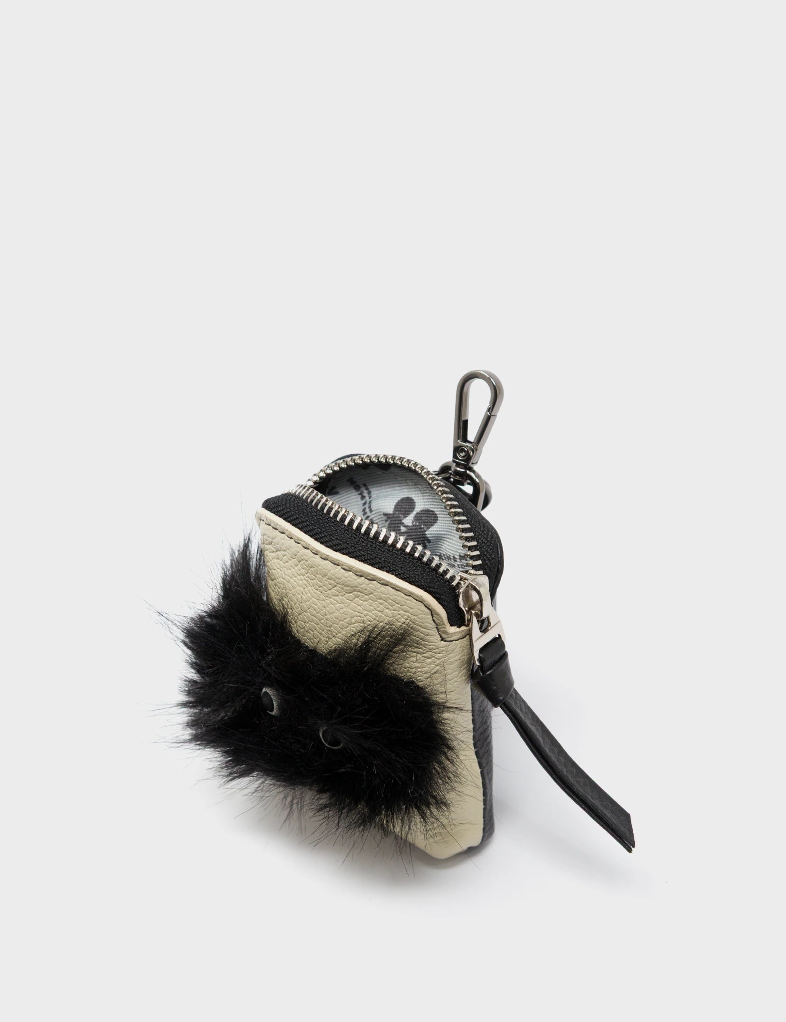 Florence Pouch Charm - Gravel Beige Leather Keychain Fuzzy Monster Applique - Open