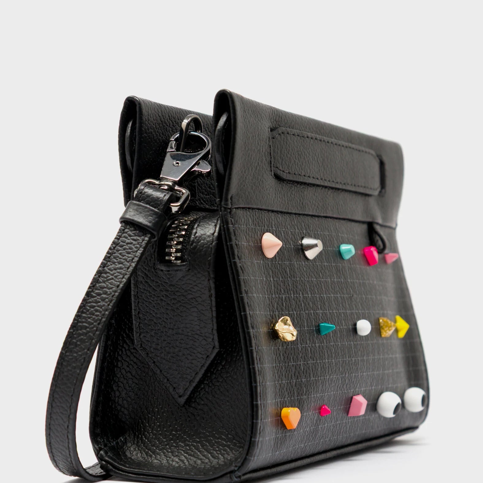 Vali Crossbody Micro Black Leather Bag - Studs Adjustable Handle - Side