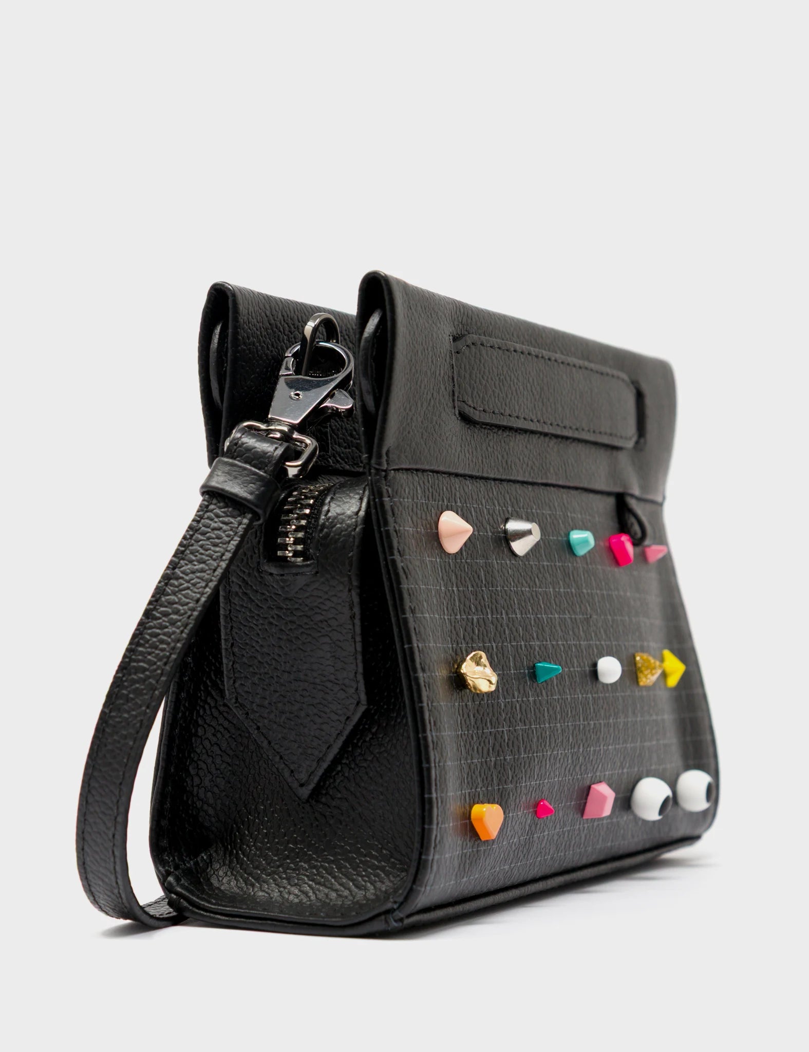 Vali Crossbody Micro Black Leather Bag - Studs Adjustable Handle - Side