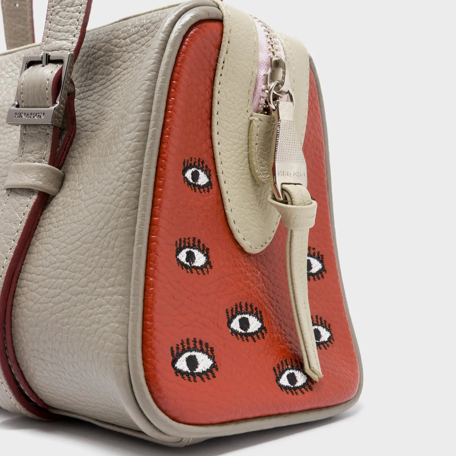 Esther Tuffet Brown Satchel Mini Bag - All Over Eyes Embroidery - Side