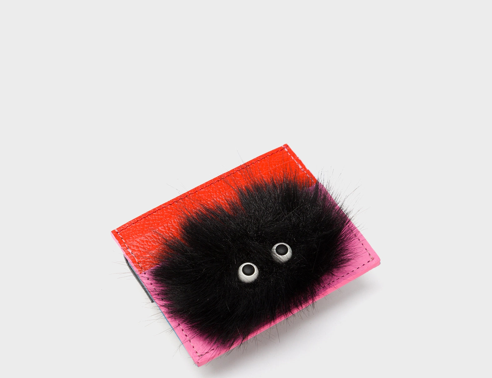 Felix Cerulean Blue and Bubblegum Pink Leather Cardholder - Fuzzy Monster Applique - side