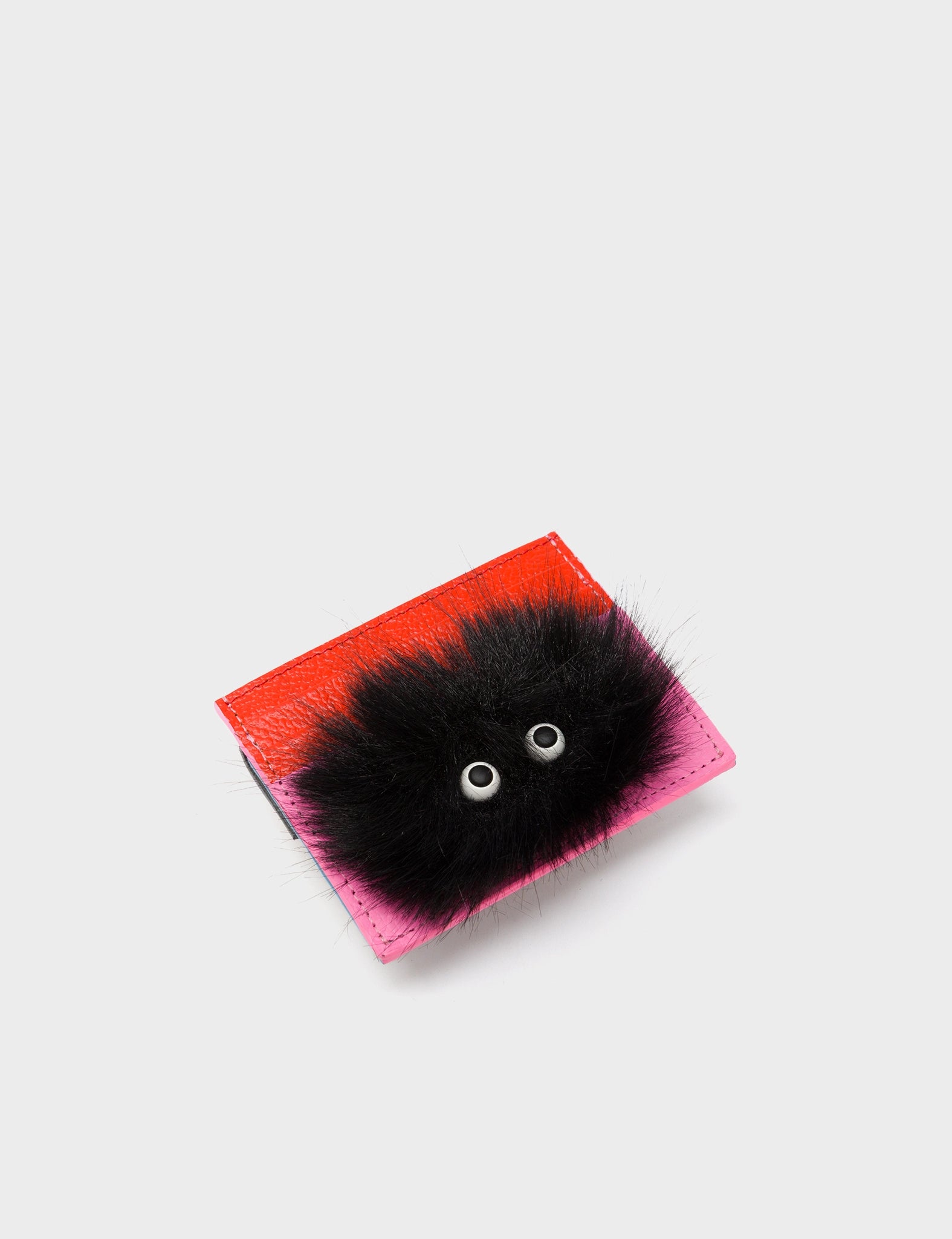 Felix Cerulean Blue and Bubblegum Pink Leather Cardholder - Fuzzy Monster Applique - side