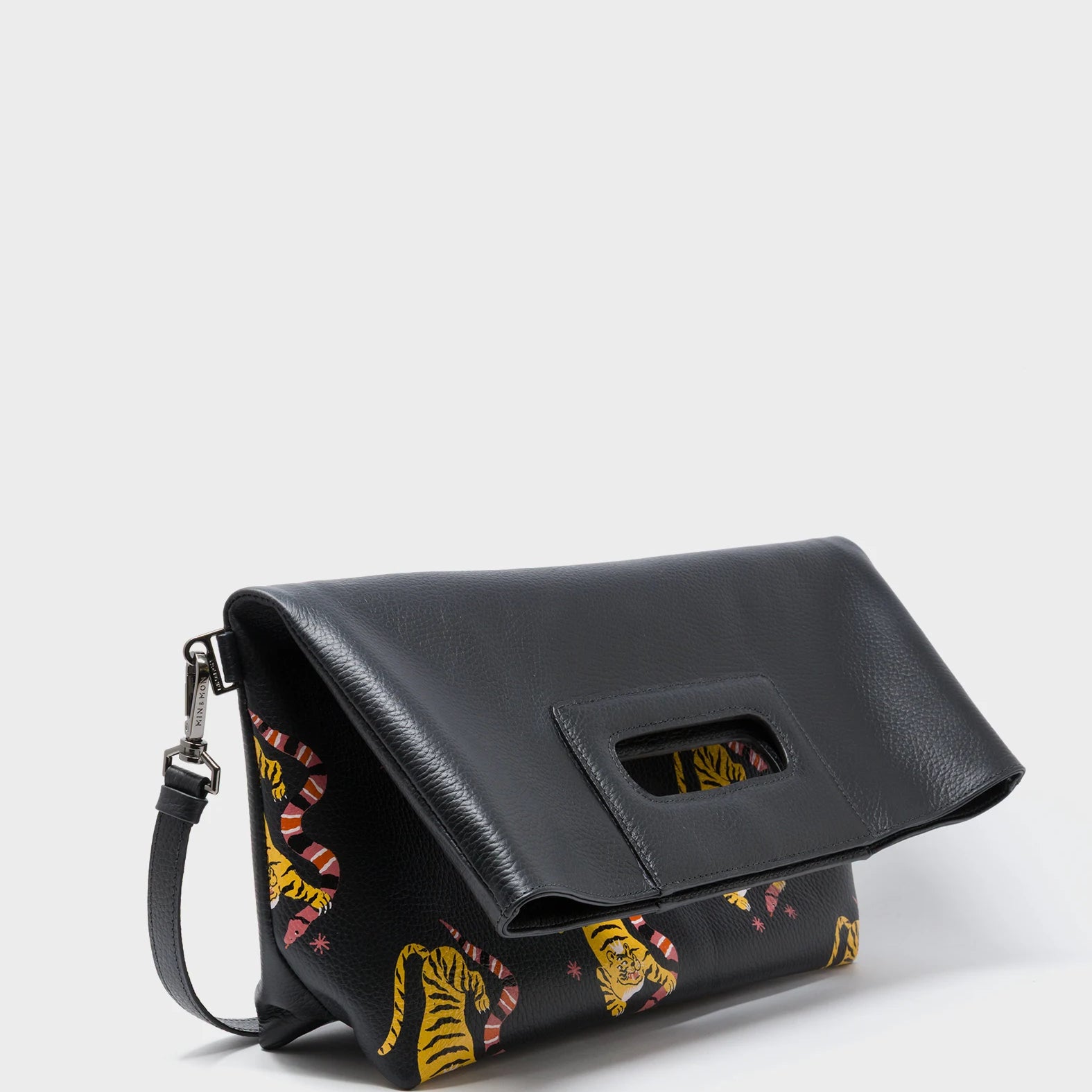 Milo Convertible Crossbody Bag - Black Leather Creatures of the Future Print - Fold View