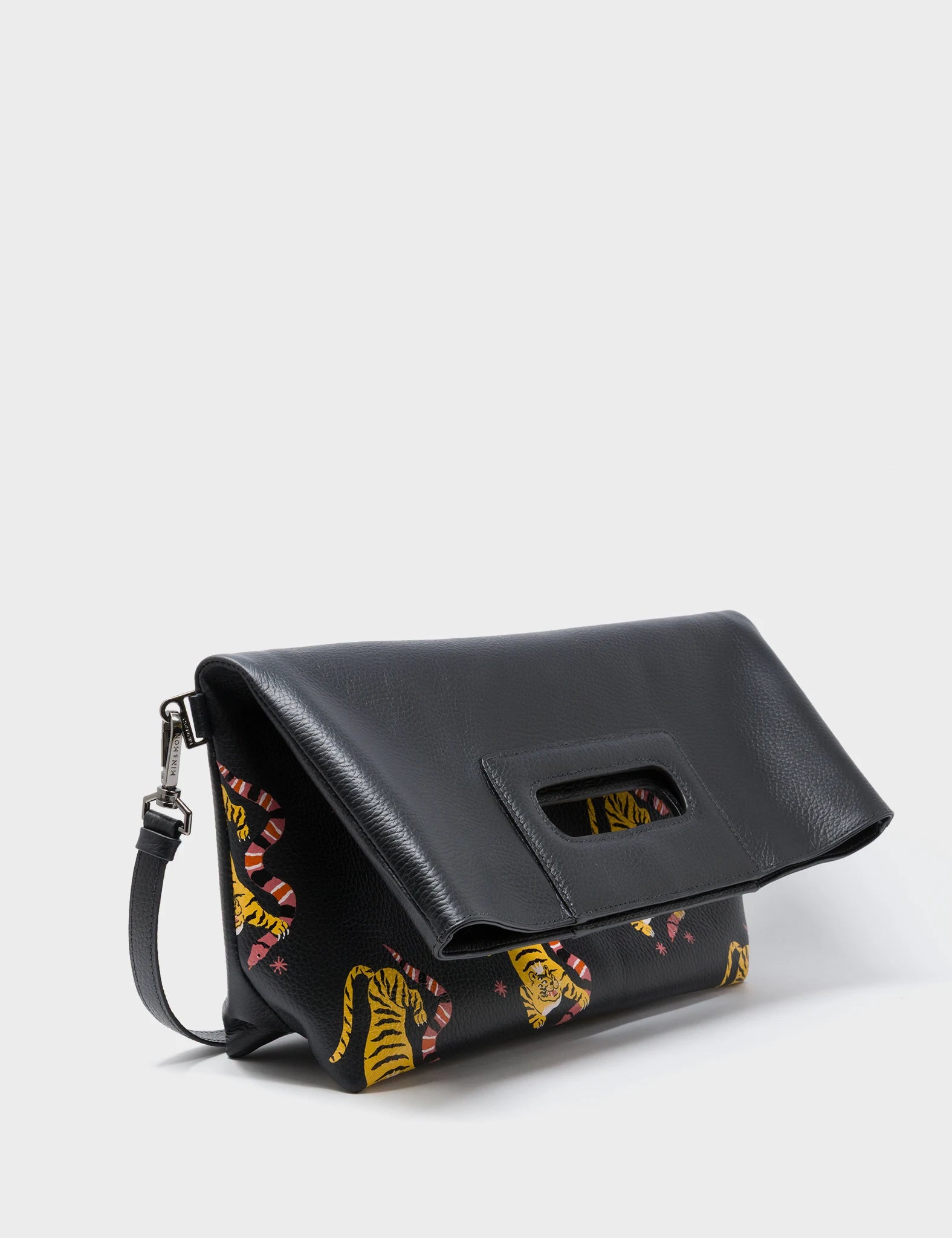 Milo Convertible Crossbody Bag - Black Leather Creatures of the Future Print - Fold View