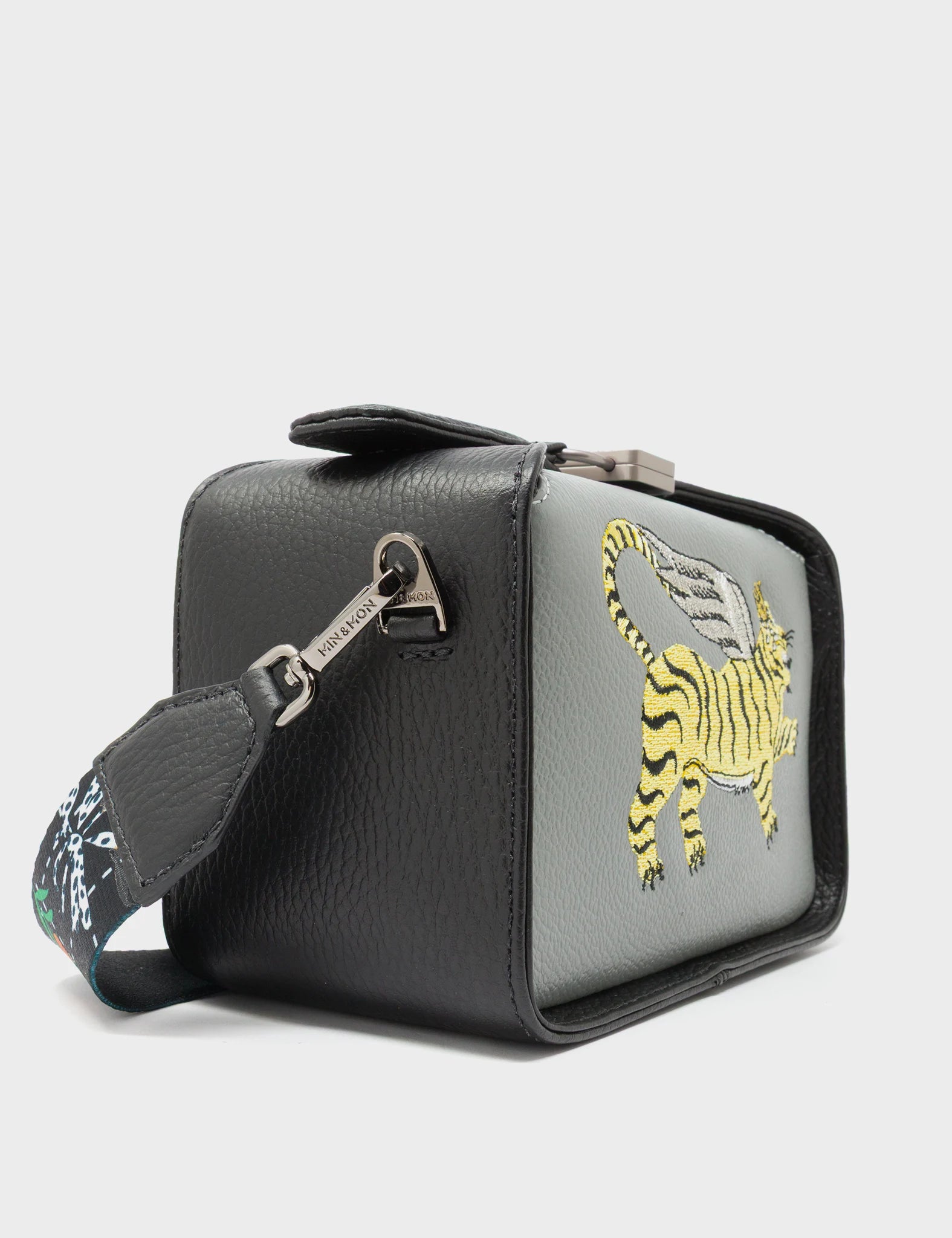 Benji Micro Crossbody Black and Gray Leather Bag - Winged Tiger Embroidery - Side