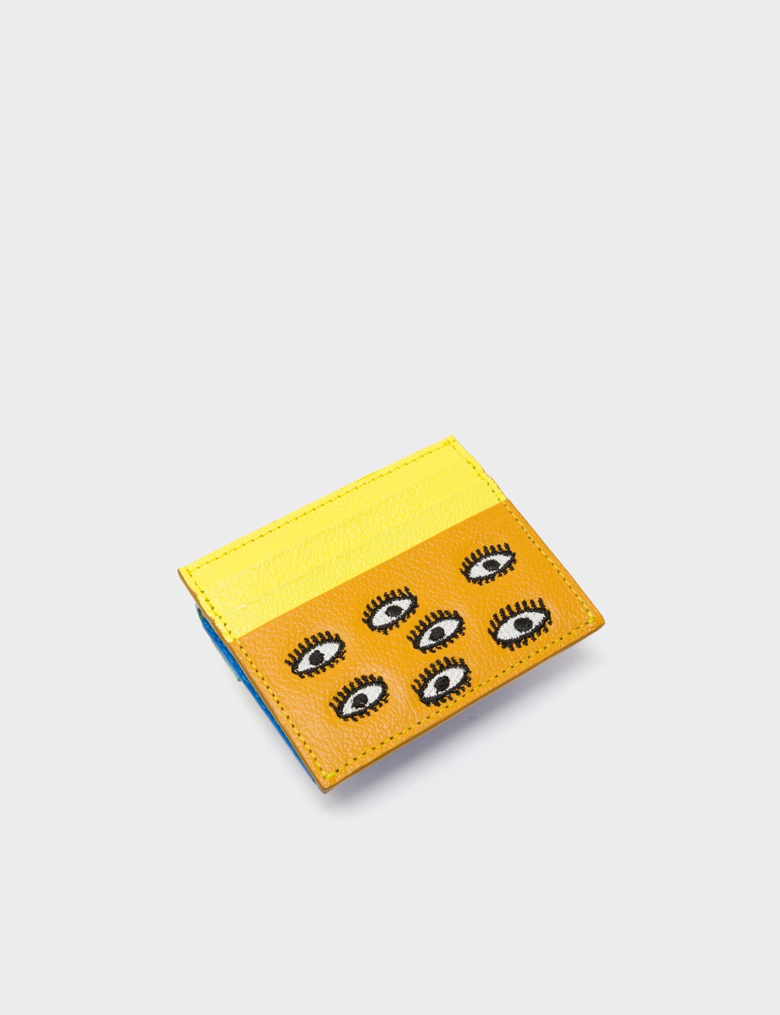 Felix Ibiza Blue and Golden Glow Leather Cardholder - All Over Eyes Embroidery - Side
