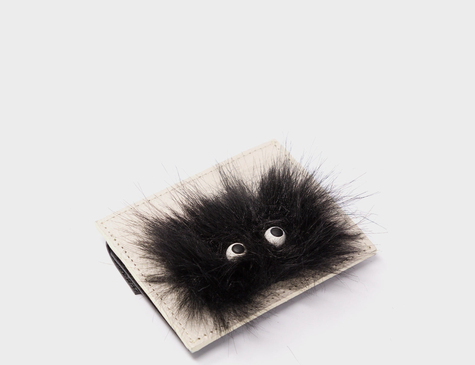 Felix Cream and Black Leather Cardholder - Fuzzy Monster Applique