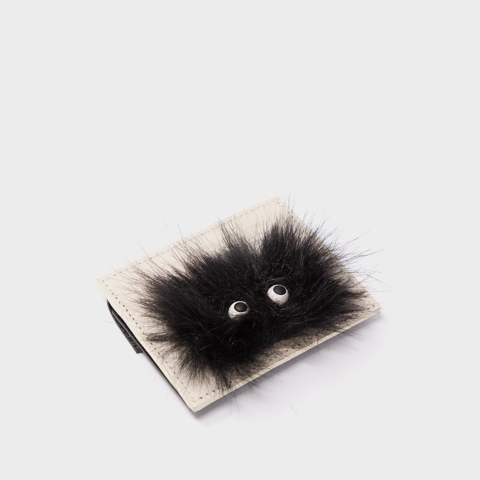 Felix Cream and Black Leather Cardholder - Fuzzy Monster Applique