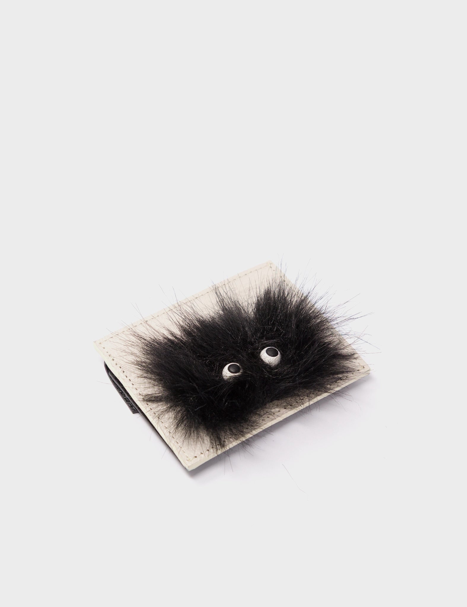 Felix Cream and Black Leather Cardholder - Fuzzy Monster Applique