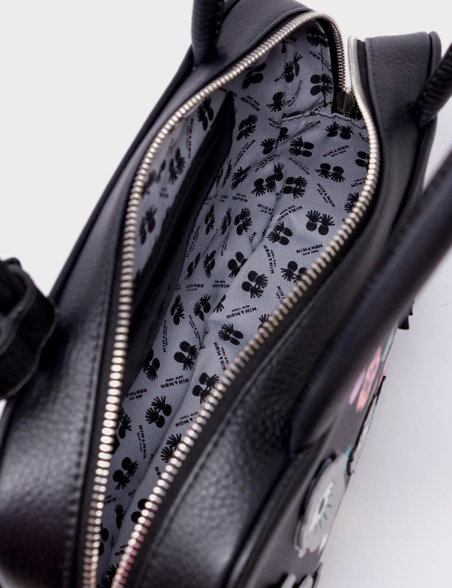 121 Shoulder Bag Black Leather - Floralia Design - Open View