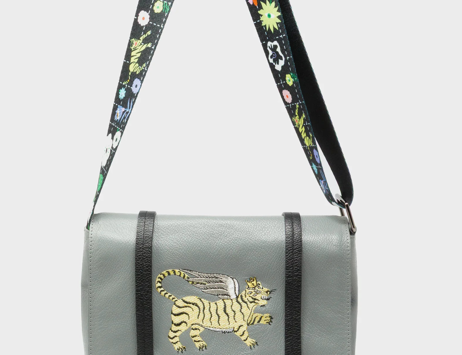 Victor Gray Small Messenger Bag - Winged Tiger Embroidery - Strap View