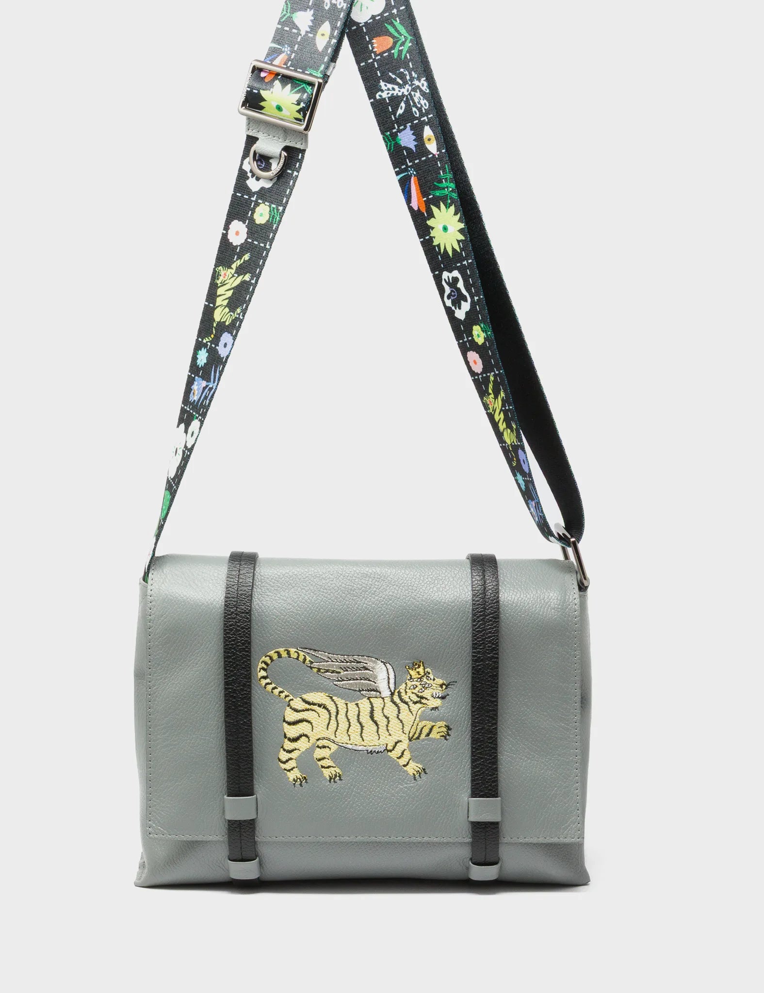 Victor Gray Small Messenger Bag - Winged Tiger Embroidery - Strap View
