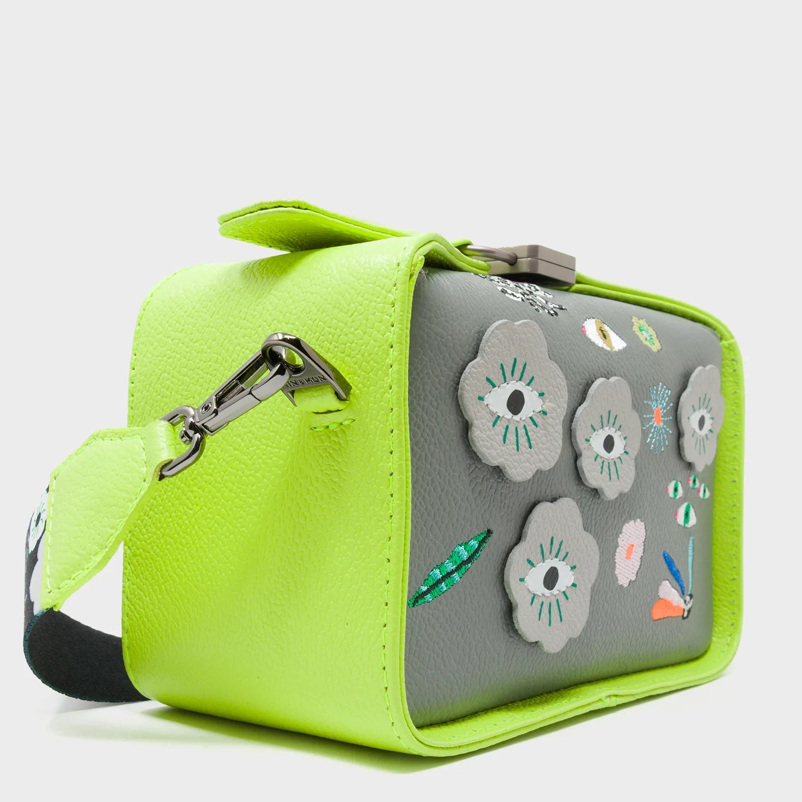 Benji Micro Crossbody Sharp Green and Gray Leather Bag - Floralia Embroidery - Side