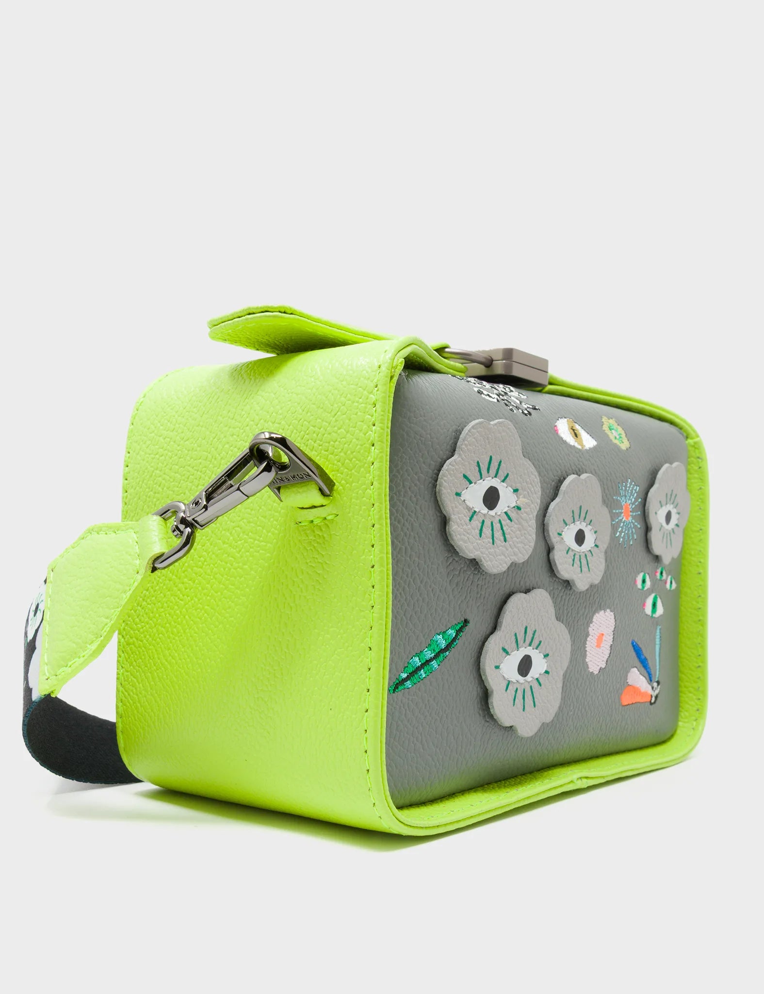 Benji Micro Crossbody Sharp Green and Gray Leather Bag - Floralia Embroidery - Side