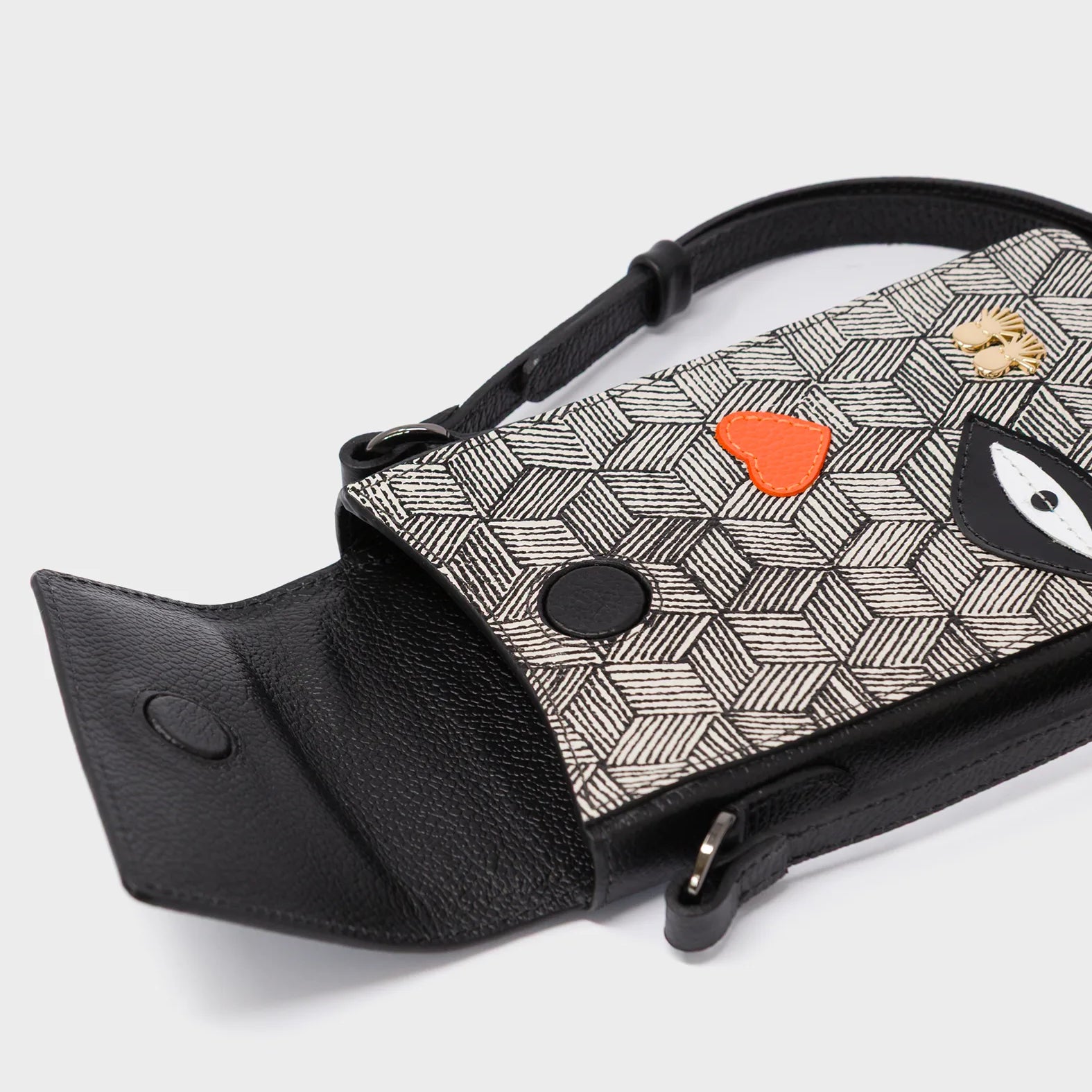 Max Black Cellphone Crossbody Pouch - Cubes Print -open