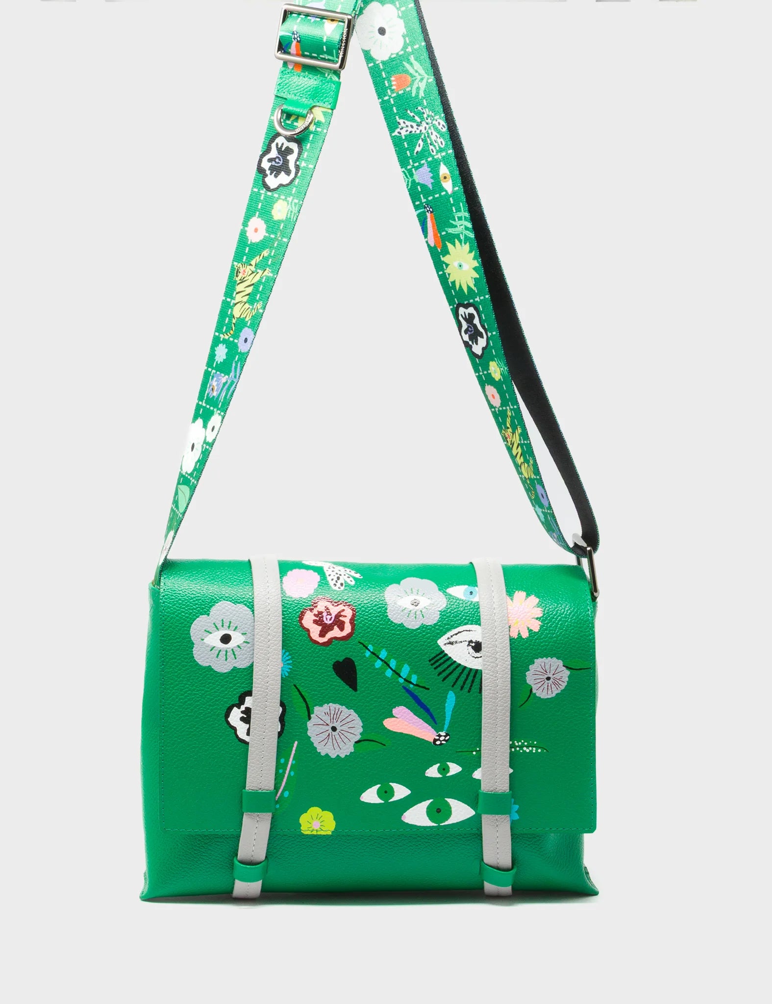Victor Irish Green Small Messenger Bag - Floralia Embroidery - Strap View