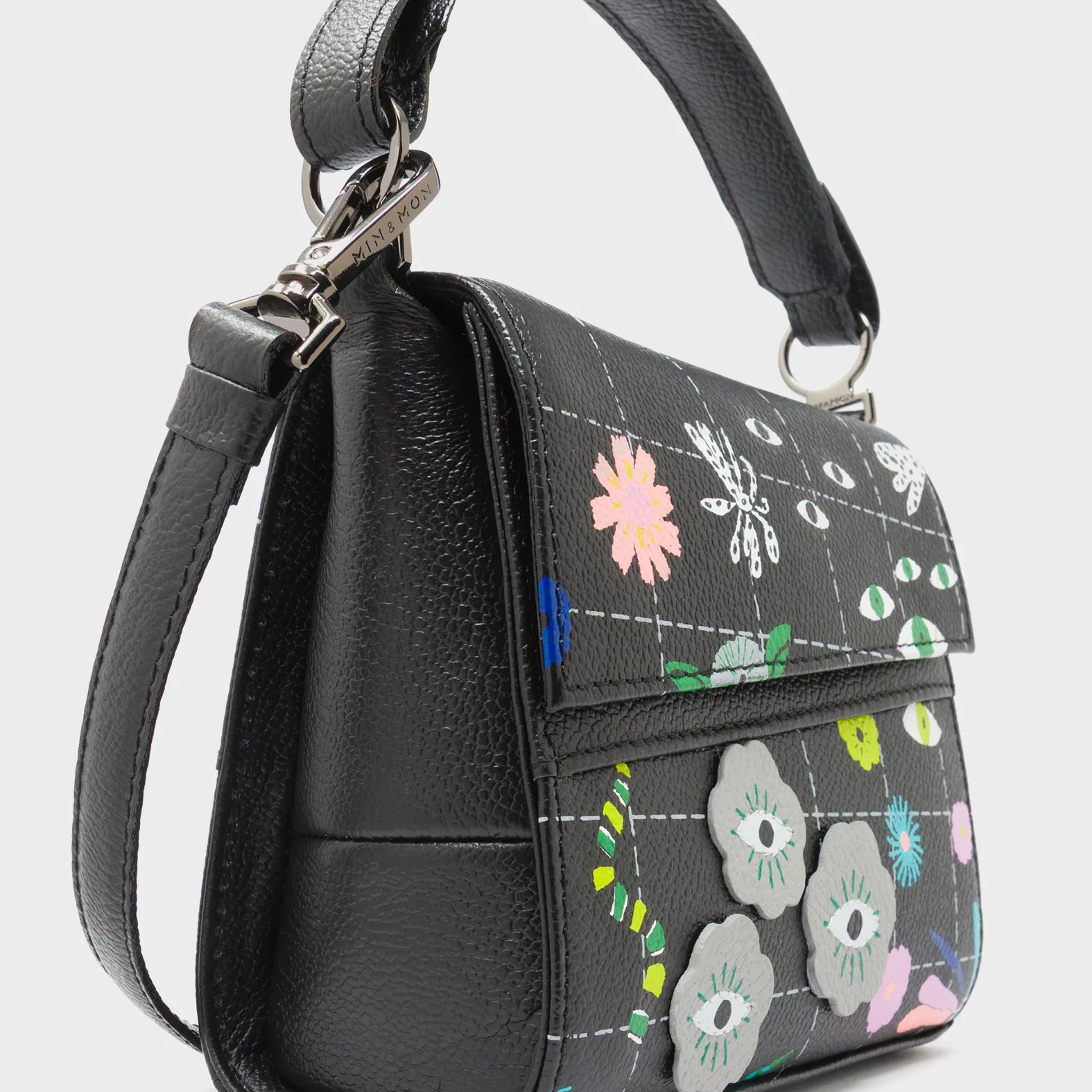 Anastasio Micro Crossbody Handbag Black Leather - Floralia Embroidery -Side
