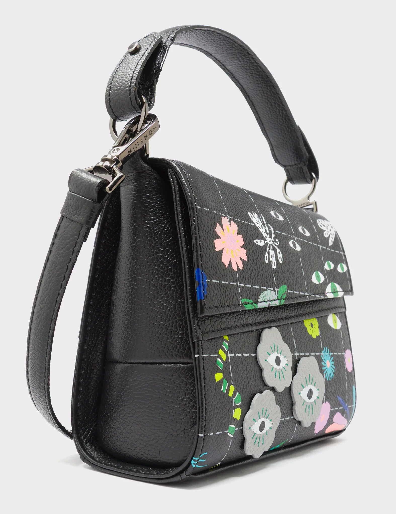 Anastasio Micro Crossbody Handbag Black Leather - Floralia Embroidery -Side