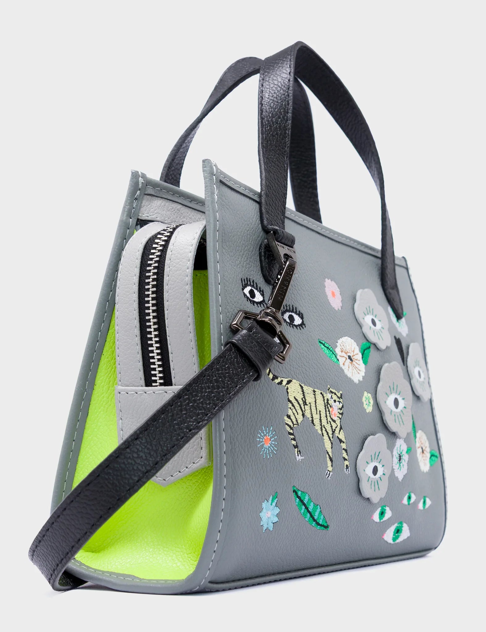 Simon Gray Leather Small Handbag - Floralia Design - Side Corner View