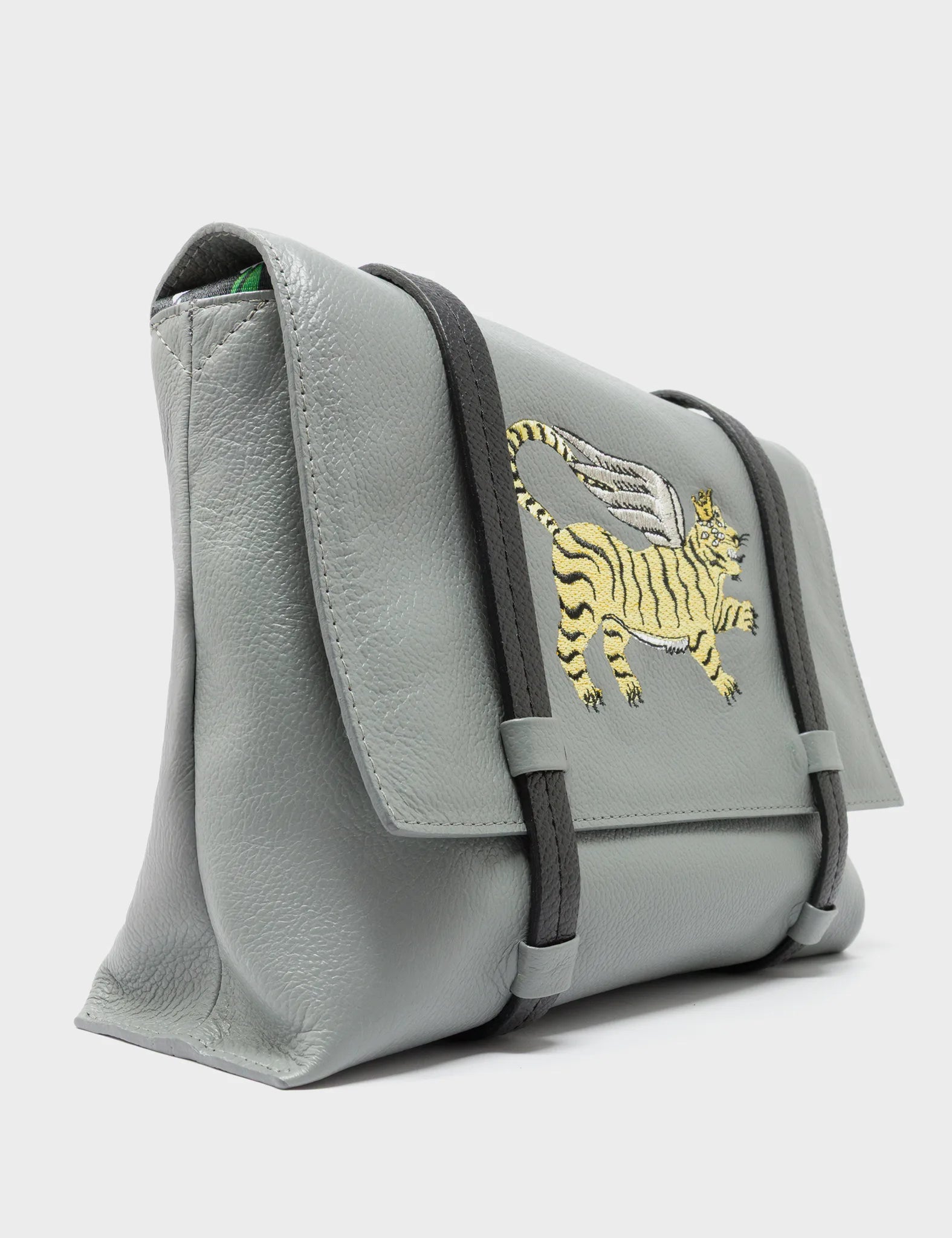 Victor Gray Small Messenger Bag - Winged Tiger Embroidery - Side