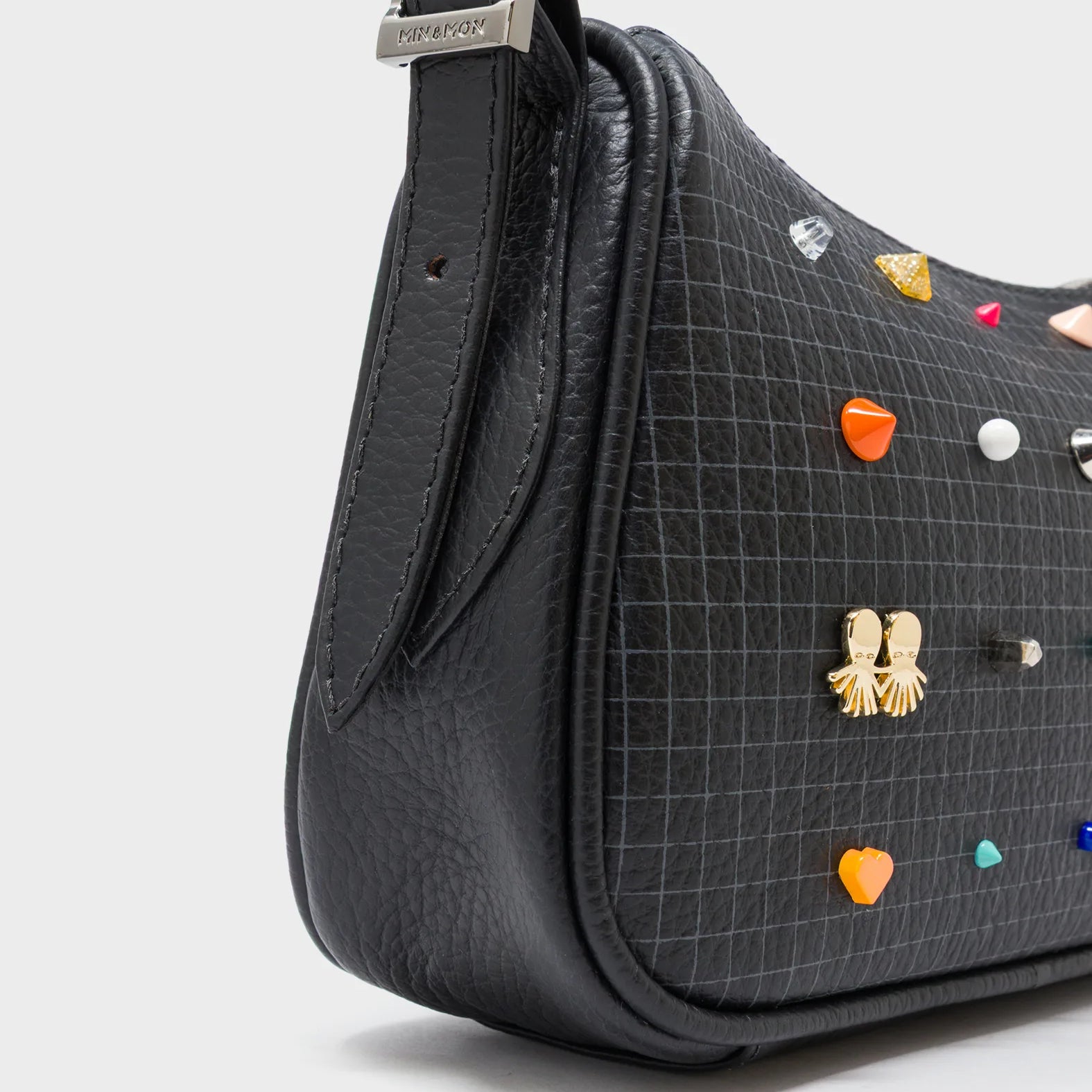 Lucas Hobo Mini Black Handbag - Studs Pattern - Detail