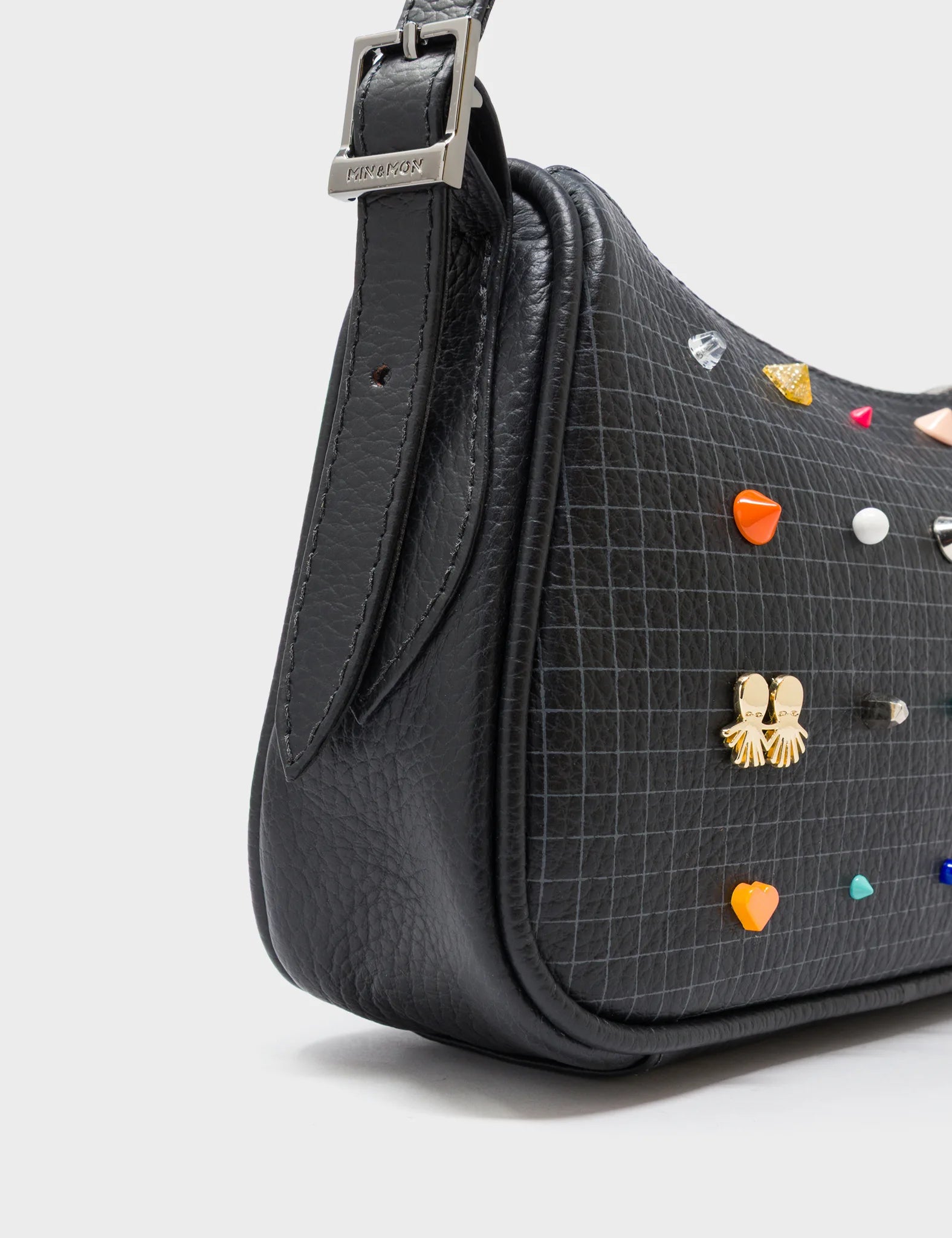 Lucas Hobo Mini Black Handbag - Studs Pattern - Detail